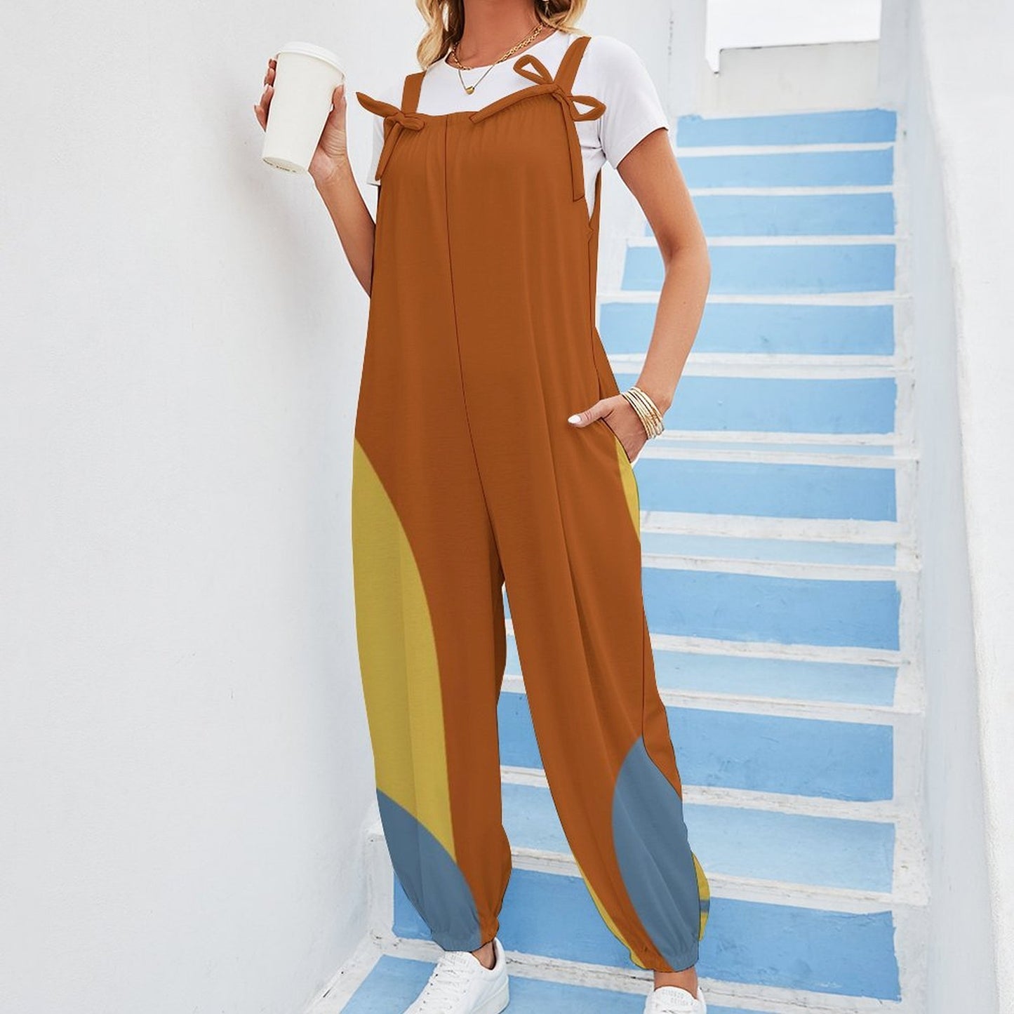 Mod Color Block Baggy Jumpsuit for Women | Retro Inspired Bow Strap Romper | Loose Fit Harem Jumpsuit with Pockets | Boho Casual Overalls