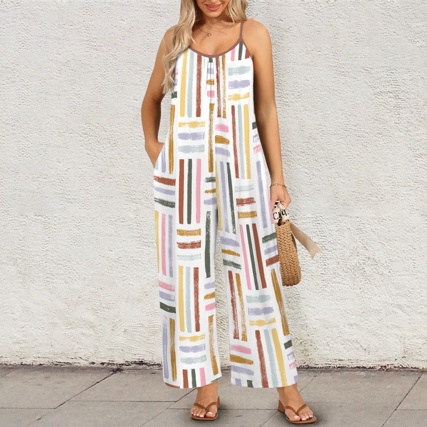 Colorful Boho Jumpsuit for Women | Wide Leg Summer Romper | Casual Sleeveless Outfit with Pockets