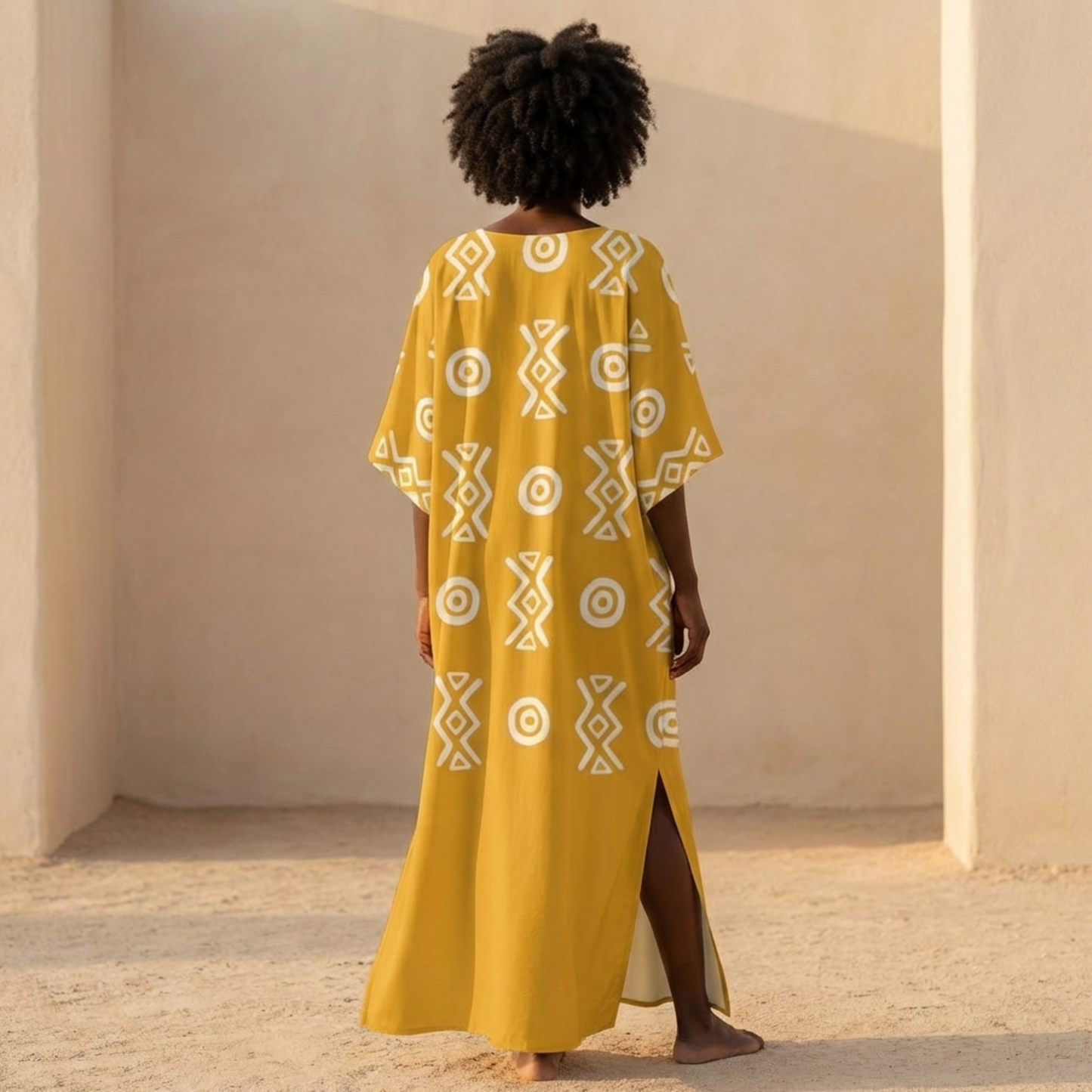 Savanna Gold Kaftan Dress – V Neck Afro Print Maxi Dress with Pockets | Kinky Nomad