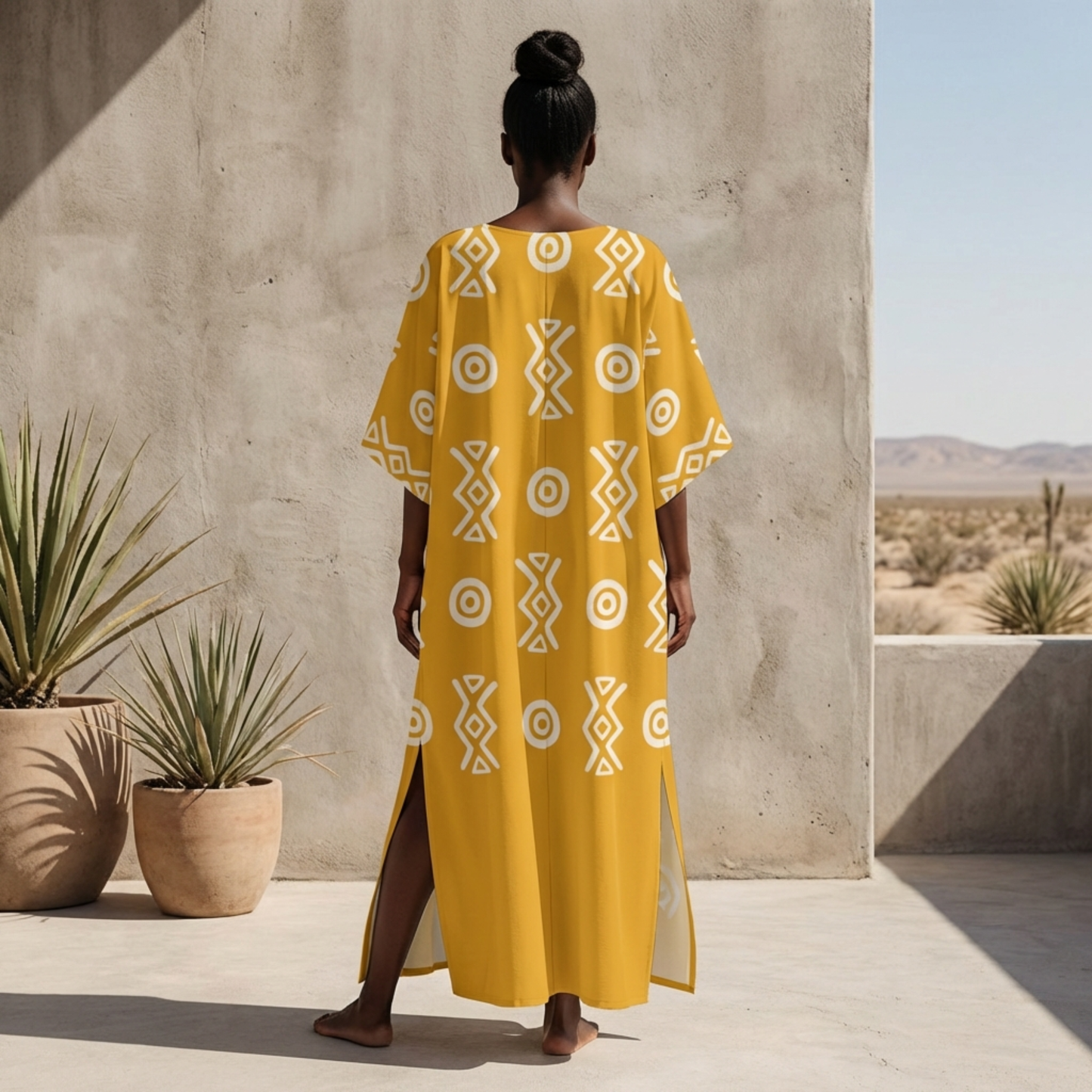 Savanna Gold Kaftan Dress – V Neck Afro Print Maxi Dress with Pockets | Kinky Nomad