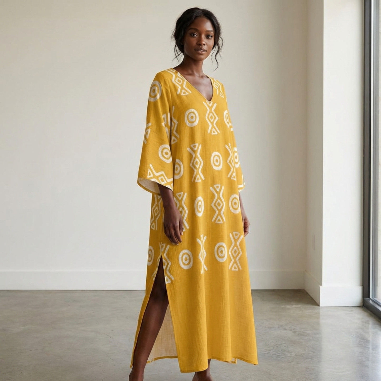 Savanna Gold Kaftan Dress – V Neck Afro Print Maxi Dress with Pockets | Kinky Nomad