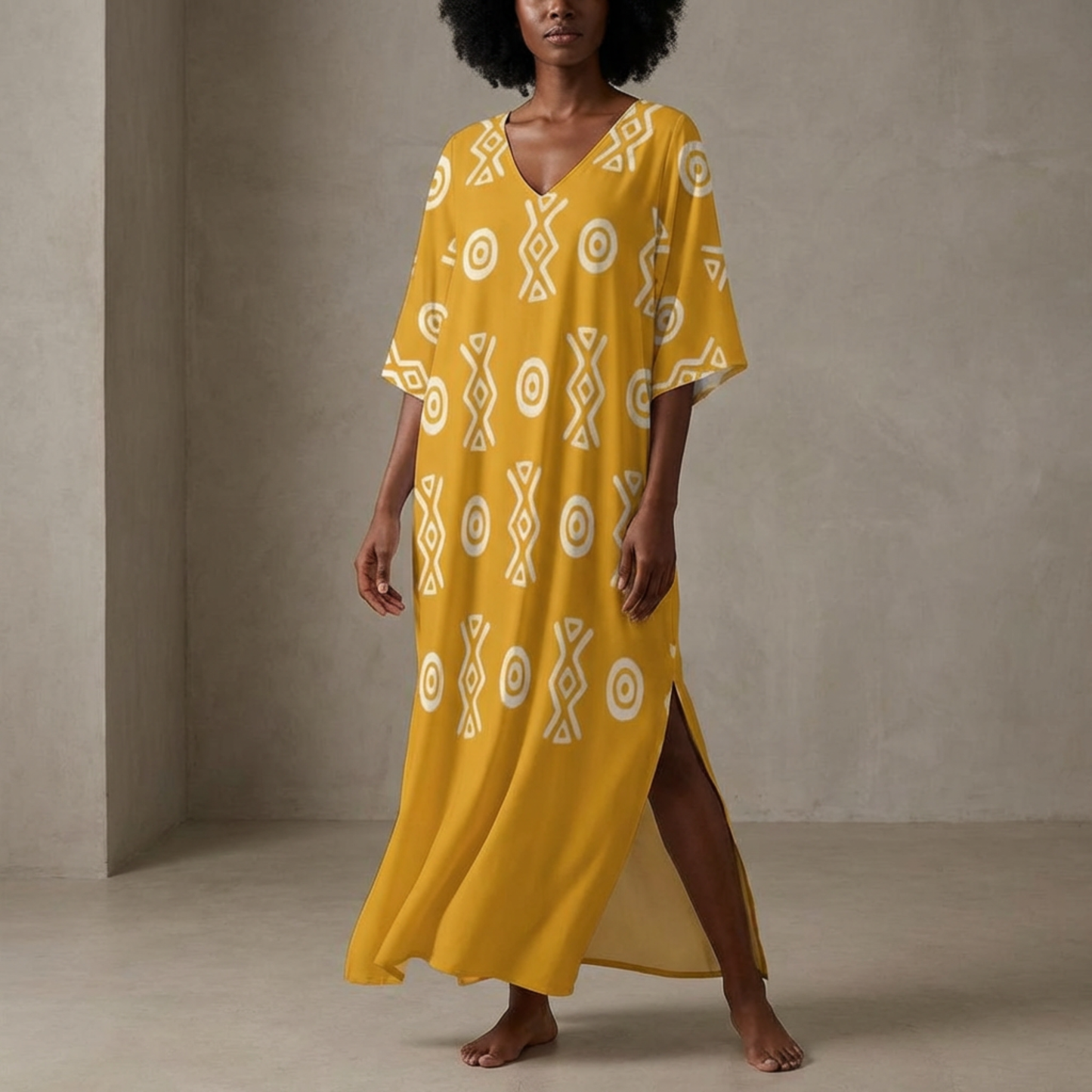Savanna Gold Kaftan Dress – V Neck Afro Print Maxi Dress with Pockets | Kinky Nomad