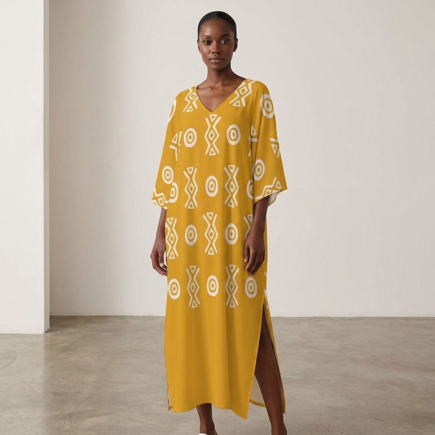 Savanna Gold Kaftan Dress – V Neck Afro Print Maxi Dress with Pockets | Kinky Nomad