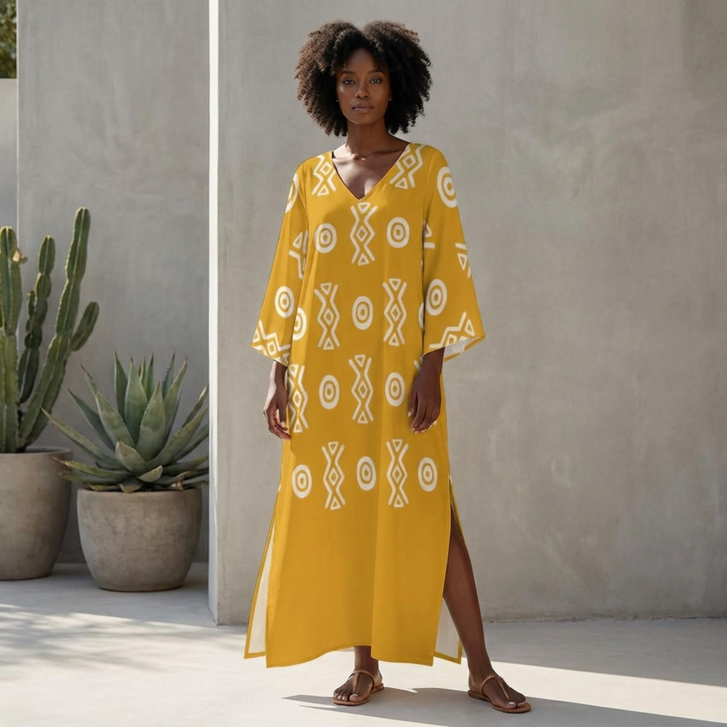 Savanna Gold Kaftan Dress – V Neck Afro Print Maxi Dress with Pockets | Kinky Nomad