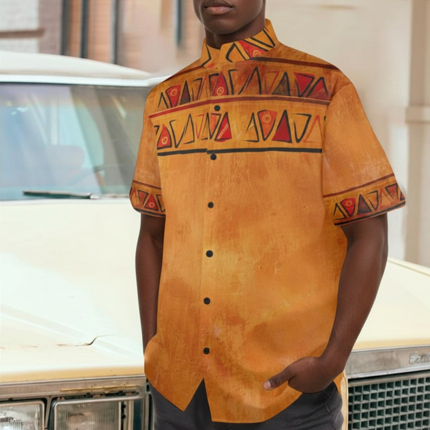 Stand Up Collar Shirt | Osiris Gold Print Ghana Ground | Kinky Nomad