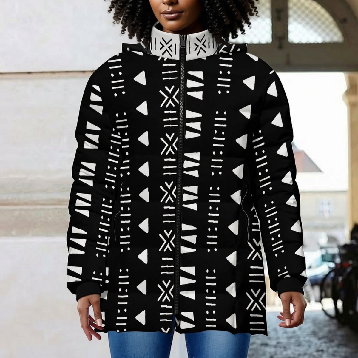 Bogolan Print Puffer Coat | Women's | Savanna Series | Kinky Nomad