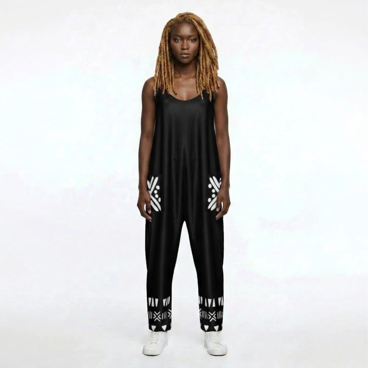 Bogolan Print V-Neck Jumpsuit | Afro Boho | Mud Cloth | Kinky Nomad