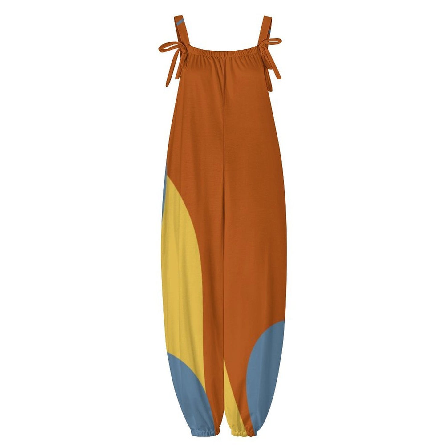 Mod Color Block Baggy Jumpsuit for Women | Retro Inspired Bow Strap Romper | Loose Fit Harem Jumpsuit with Pockets | Boho Casual Overalls