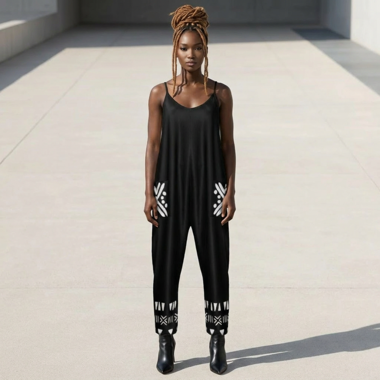Bogolan Print V-Neck Jumpsuit | Afro Boho | Mud Cloth | Kinky Nomad