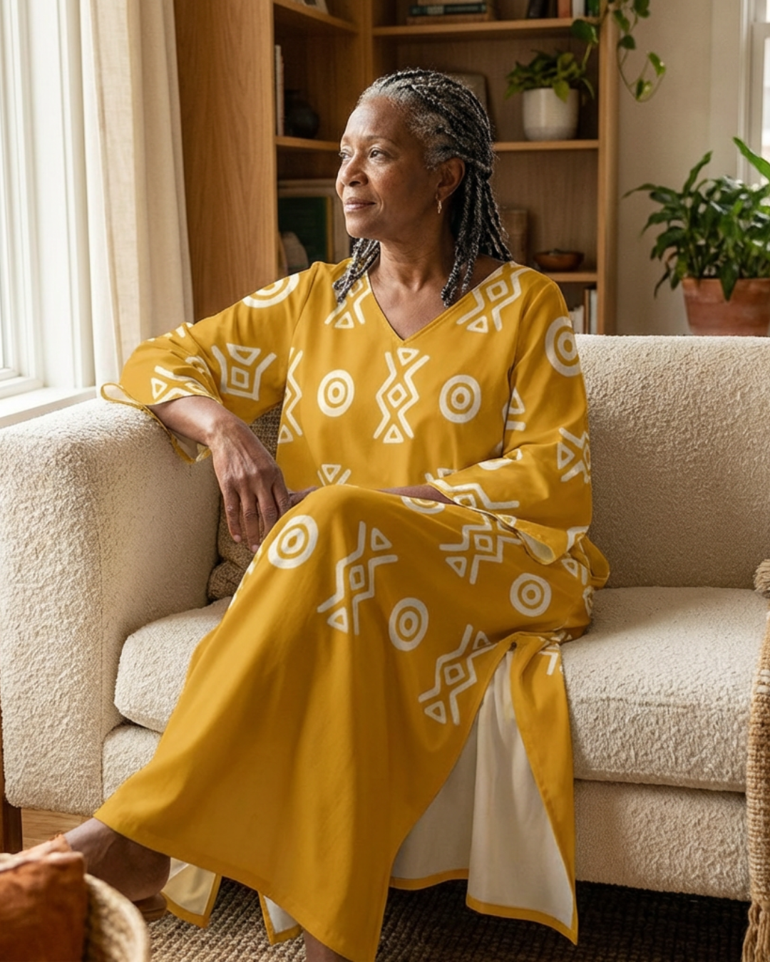 Savanna Gold Kaftan Dress – V Neck Afro Print Maxi Dress with Pockets | Kinky Nomad
