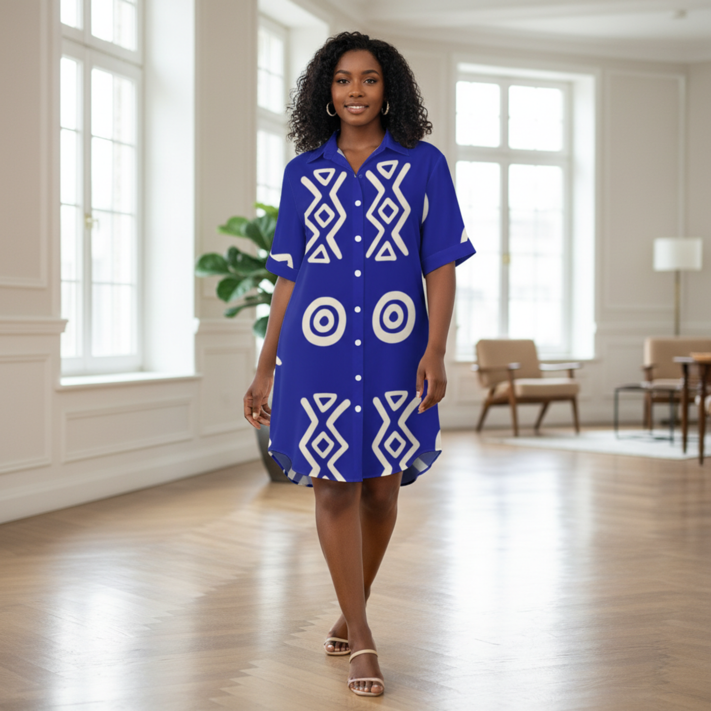 Button Front Shirt Dress | Angles Savanna Indigo Gold | Kinky Nomad