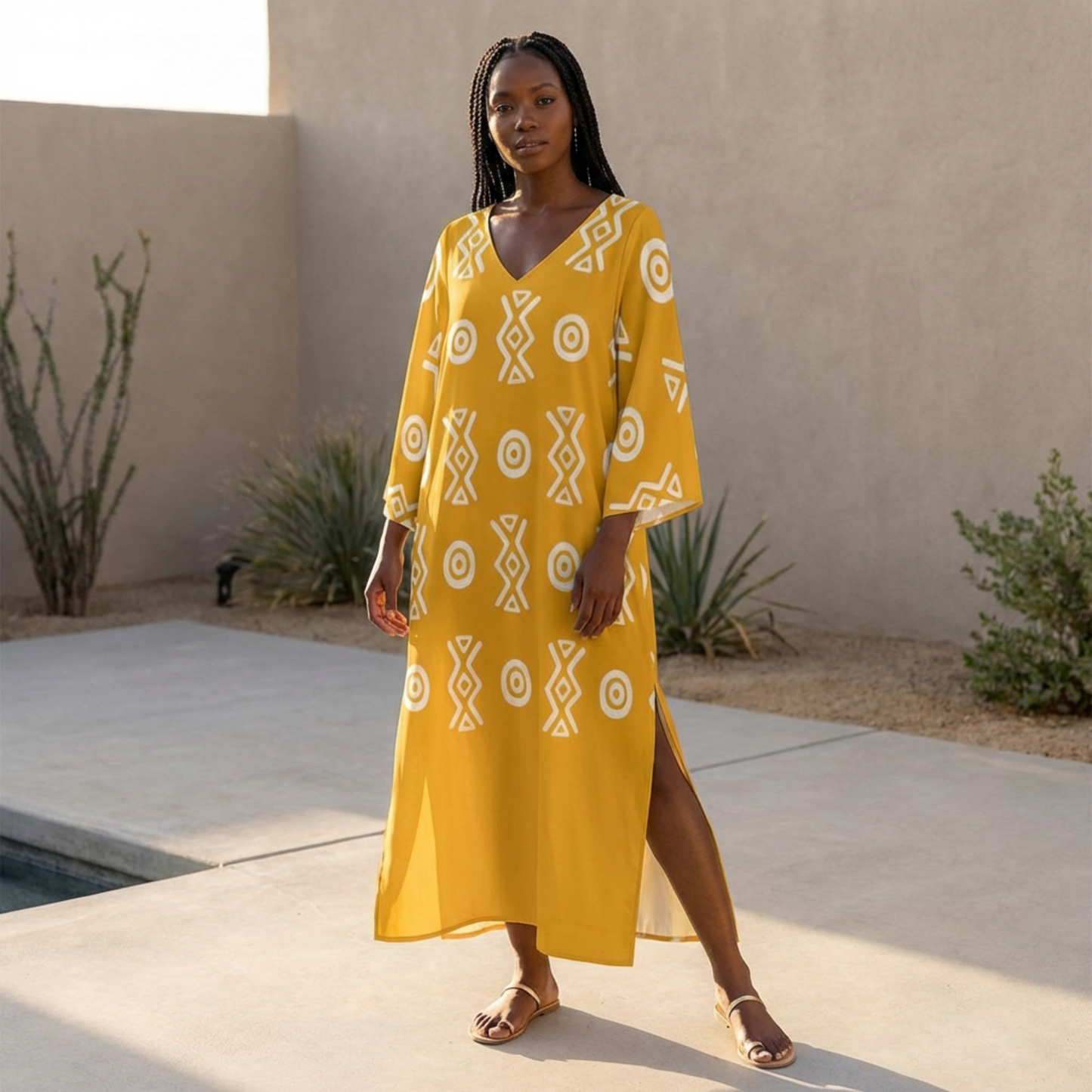 Savanna Gold Kaftan Dress – V Neck Afro Print Maxi Dress with Pockets | Kinky Nomad
