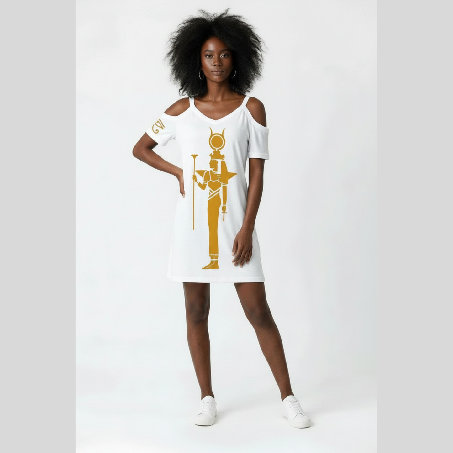 Isis Cold Shoulder Dress | Gold Print | Kemet Series | Kinky Nomad