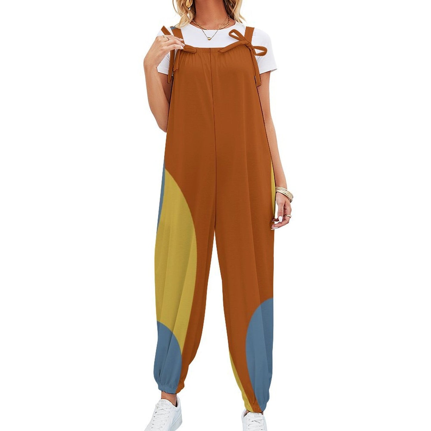 Mod Color Block Baggy Jumpsuit for Women | Retro Inspired Bow Strap Romper | Loose Fit Harem Jumpsuit with Pockets | Boho Casual Overalls