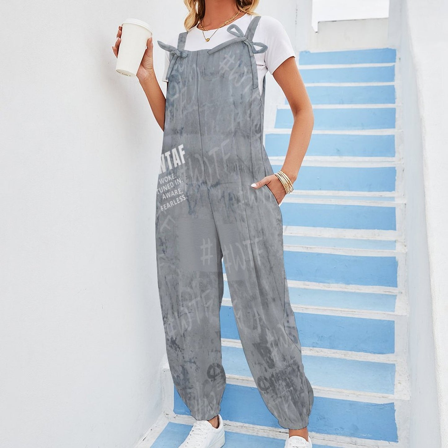 WTAF Baggy Jumpsuit – Oversized Bow Strap Streetwear Romper Baggy Suspender Jumpsuit