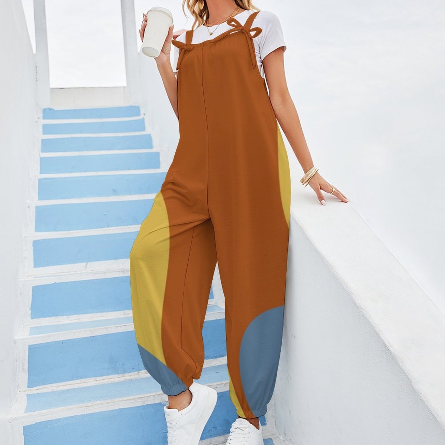 Mod Color Block Baggy Jumpsuit for Women | Retro Inspired Bow Strap Romper | Loose Fit Harem Jumpsuit with Pockets | Boho Casual Overalls