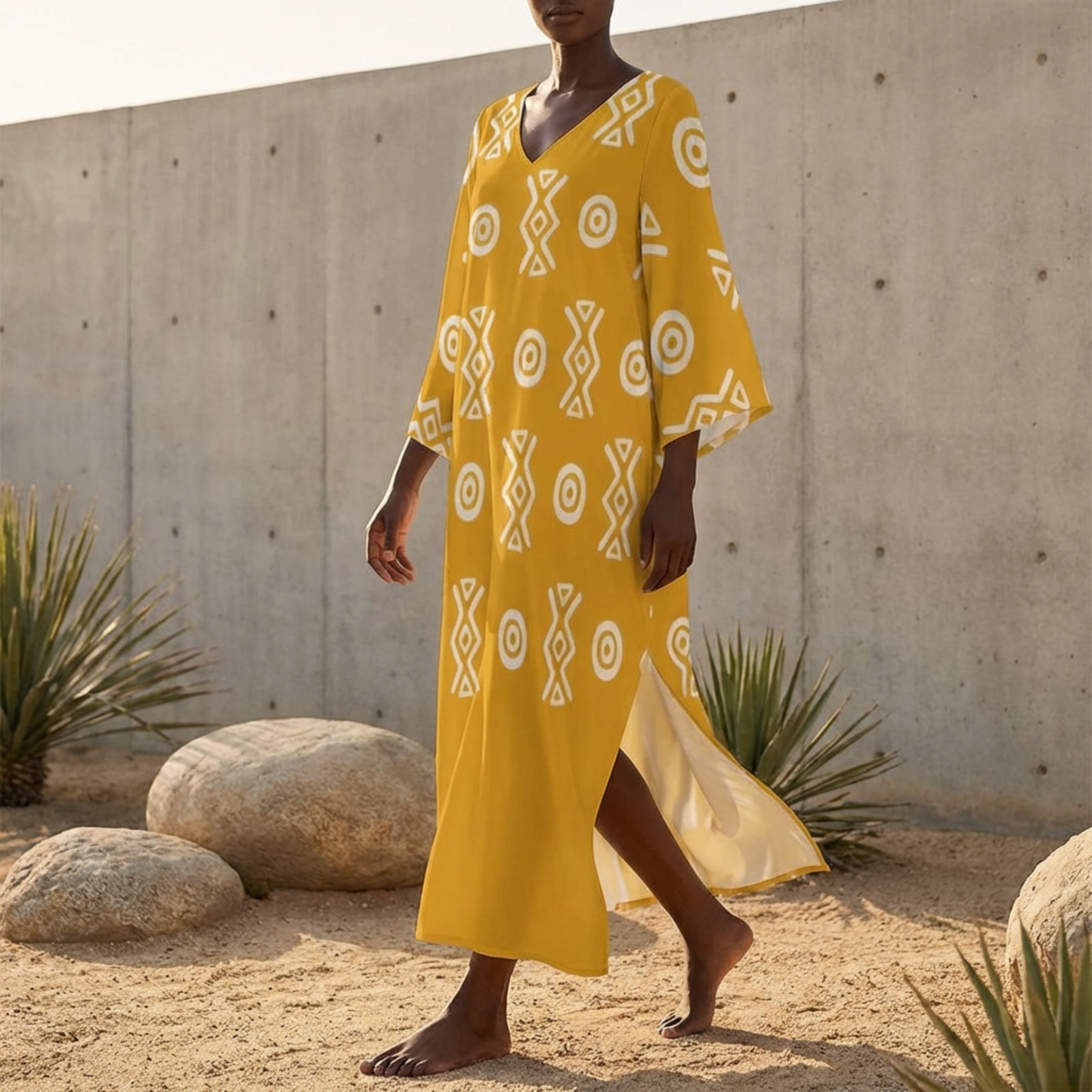 Savanna Gold Kaftan Dress – V Neck Afro Print Maxi Dress with Pockets | Kinky Nomad