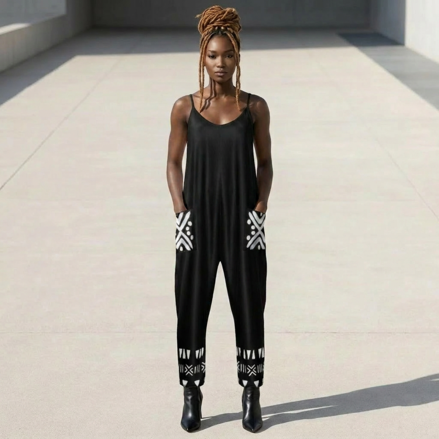 Bogolan Print V-Neck Jumpsuit | Afro Boho | Mud Cloth | Kinky Nomad