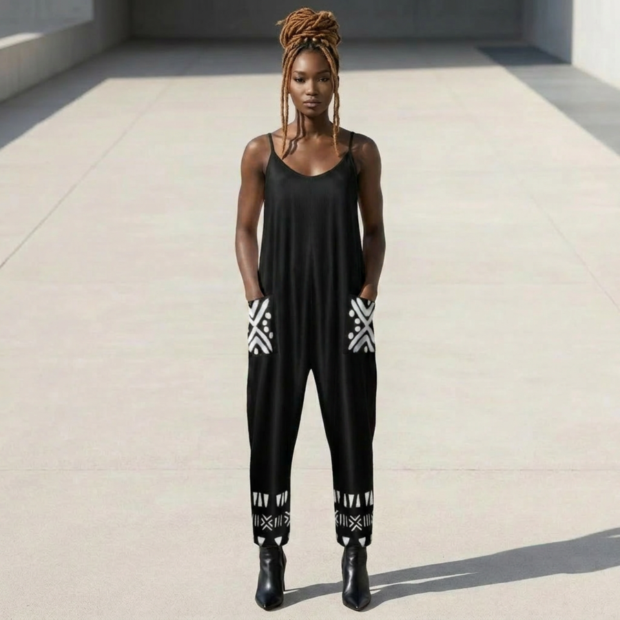 Bogolan Print V-Neck Jumpsuit | Afro Boho | Mud Cloth | Kinky Nomad