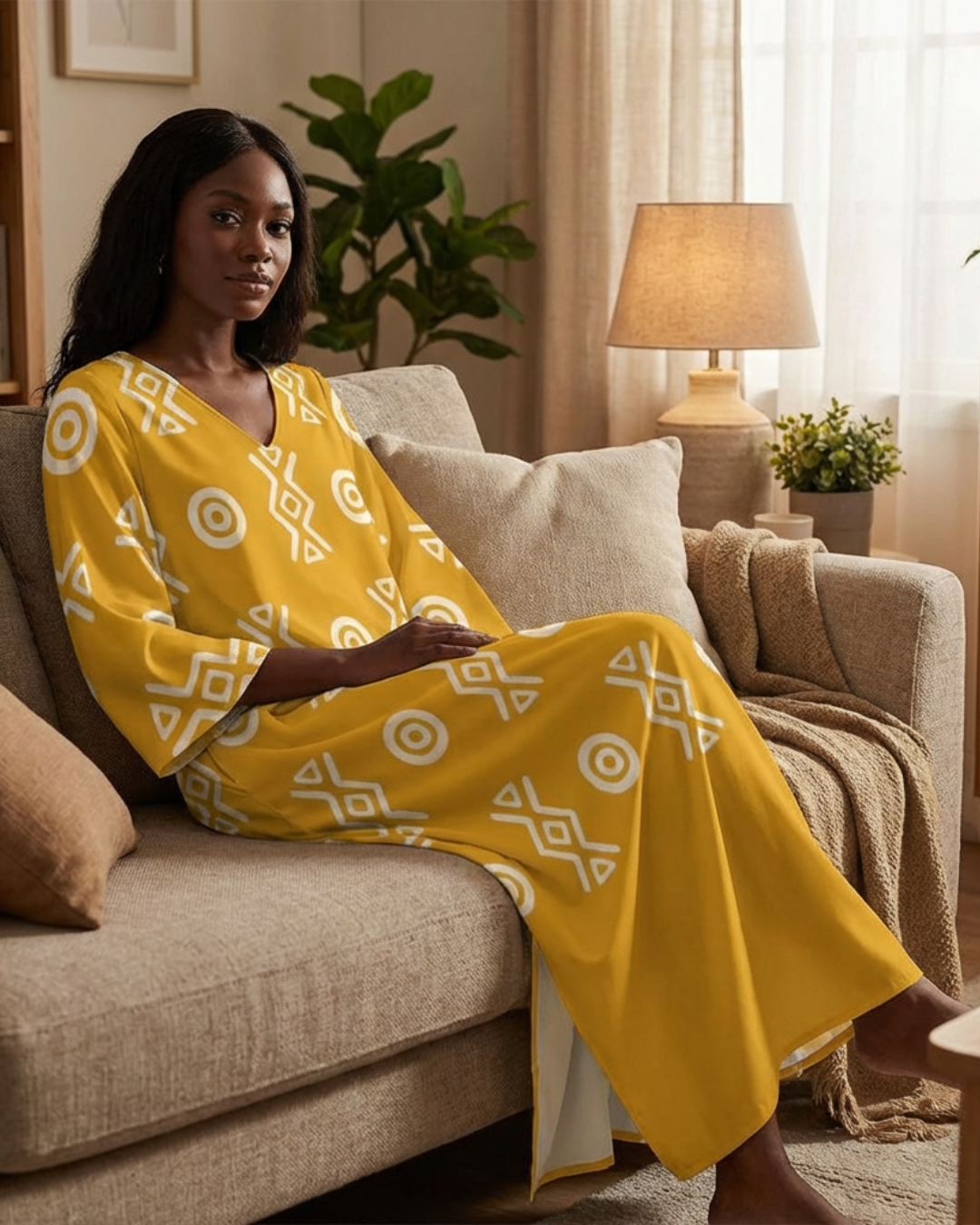 Savanna Gold Kaftan Dress – V Neck Afro Print Maxi Dress with Pockets | Kinky Nomad