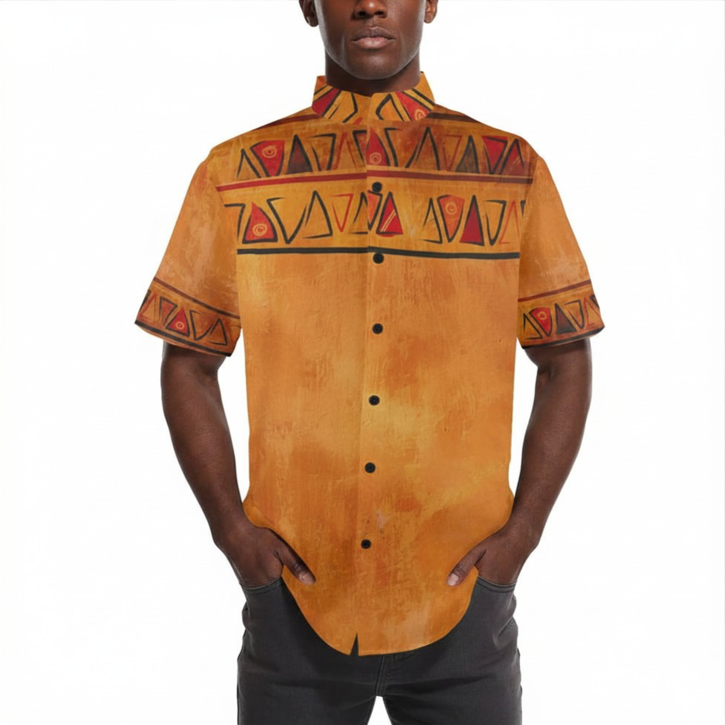 Stand Up Collar Shirt | Osiris Gold Print Ghana Ground | Kinky Nomad