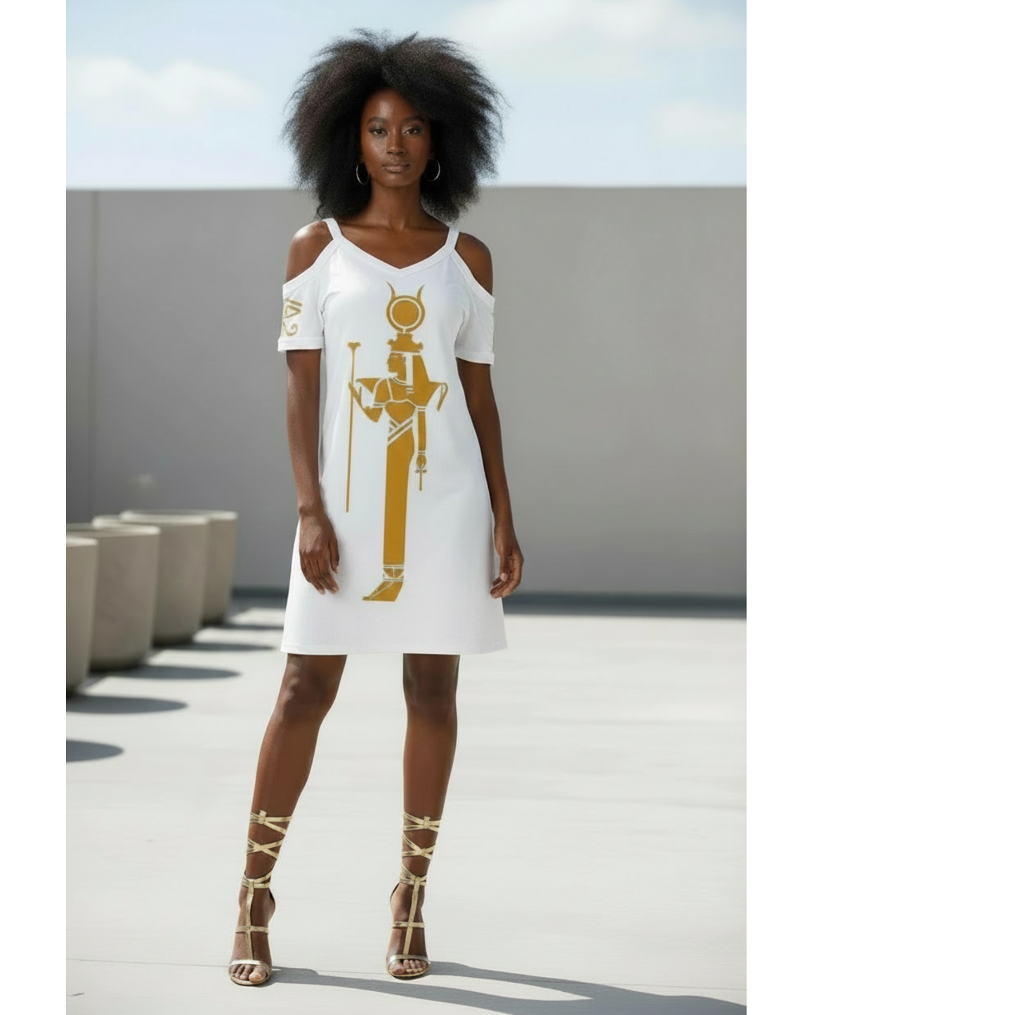 Isis Cold Shoulder Dress | Gold Print | Kemet Series | Kinky Nomad