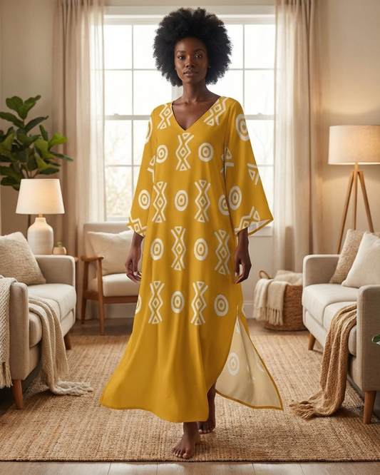 Savanna Gold Kaftan Dress – V Neck Afro Print Maxi Dress with Pockets | Kinky Nomad