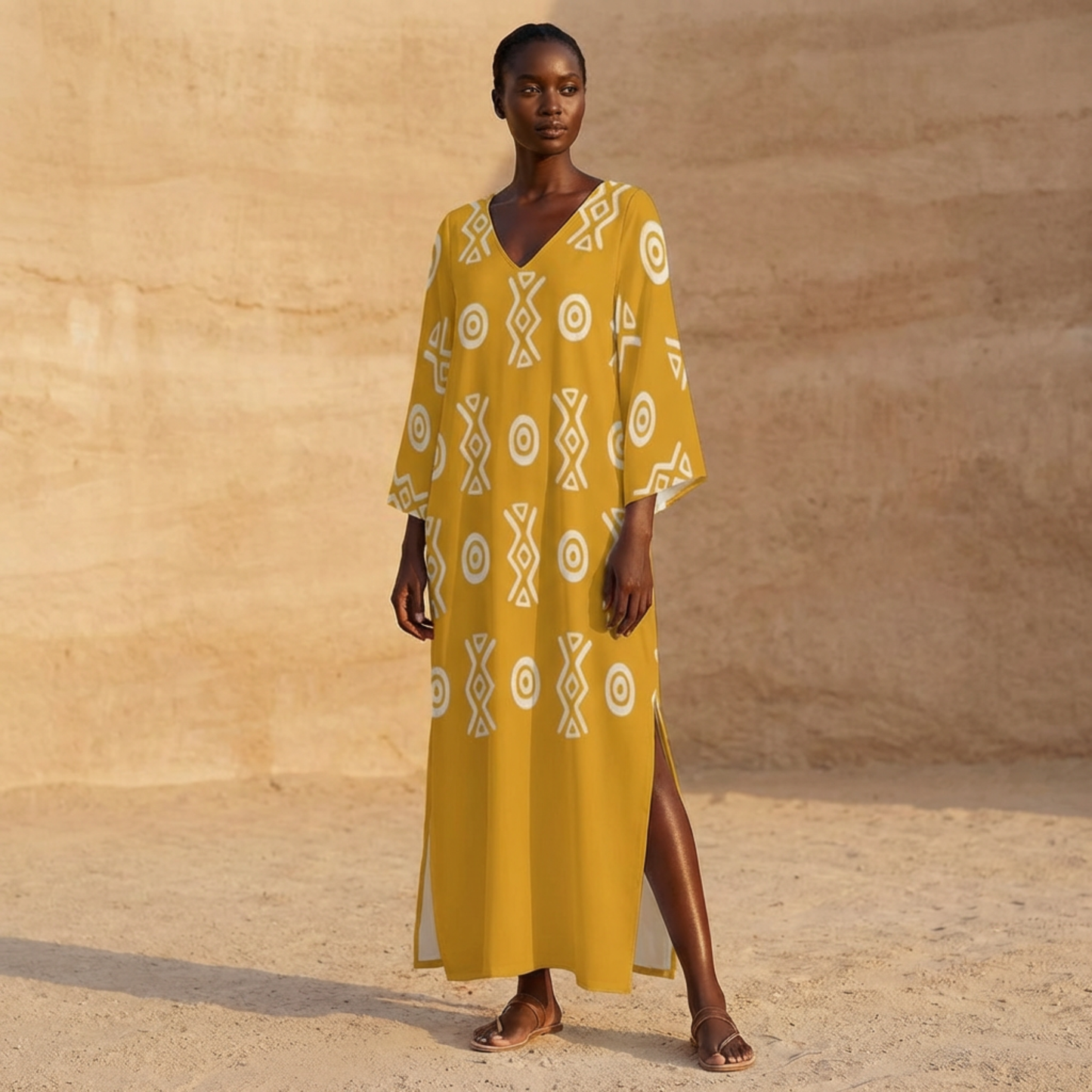 Savanna Gold Kaftan Dress – V Neck Afro Print Maxi Dress with Pockets | Kinky Nomad