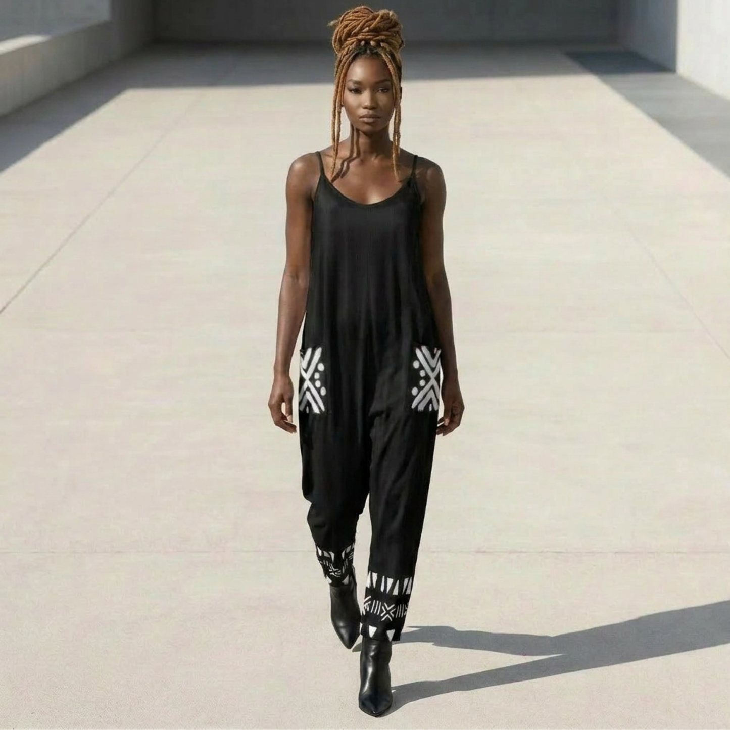 Bogolan Print V-Neck Jumpsuit | Afro Boho | Mud Cloth | Kinky Nomad