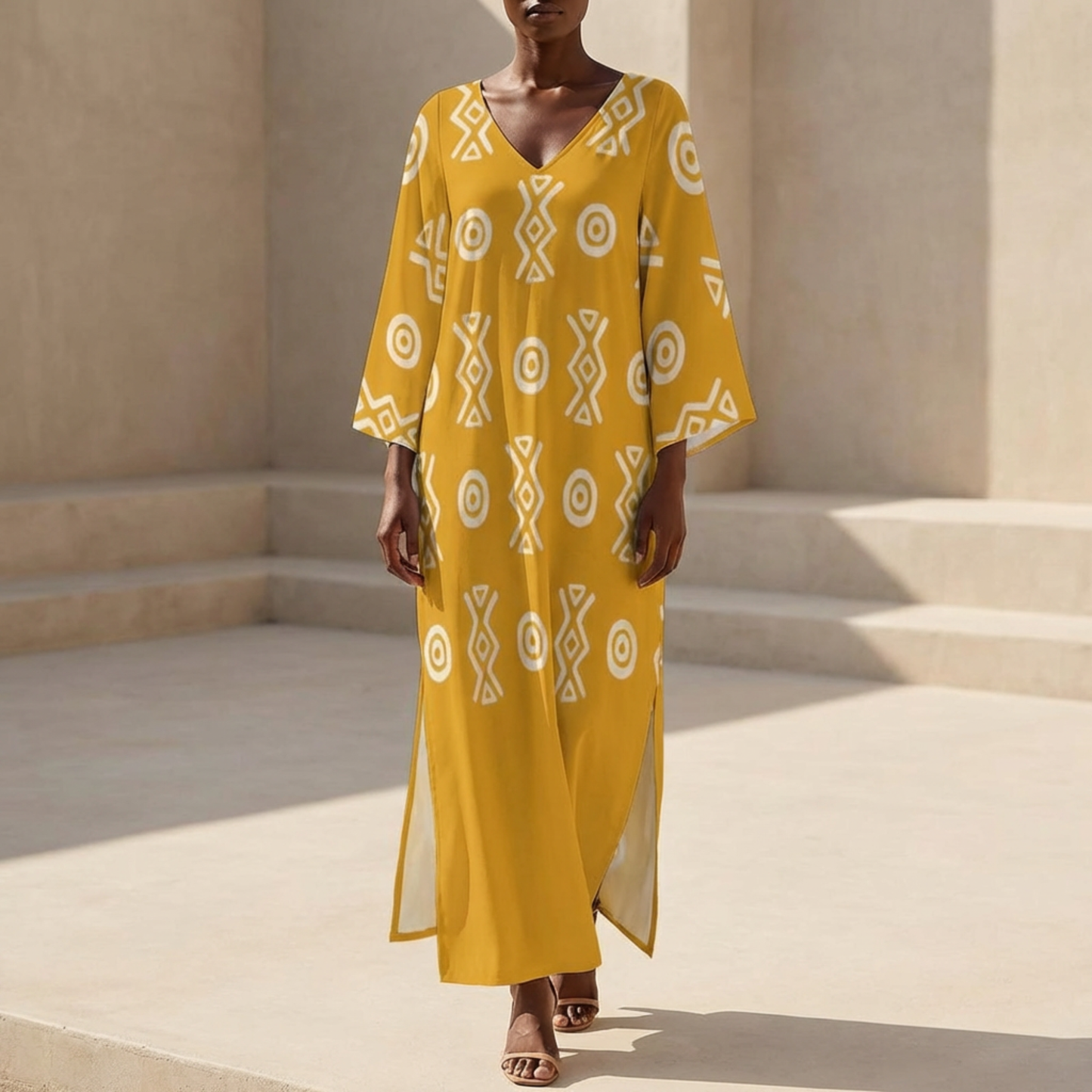 Savanna Gold Kaftan Dress – V Neck Afro Print Maxi Dress with Pockets | Kinky Nomad