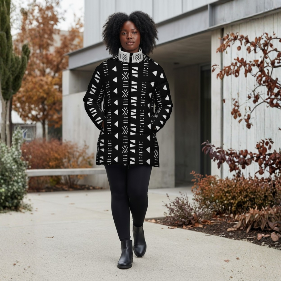 Bogolan Print Puffer Coat | Women's | Savanna Series | Kinky Nomad