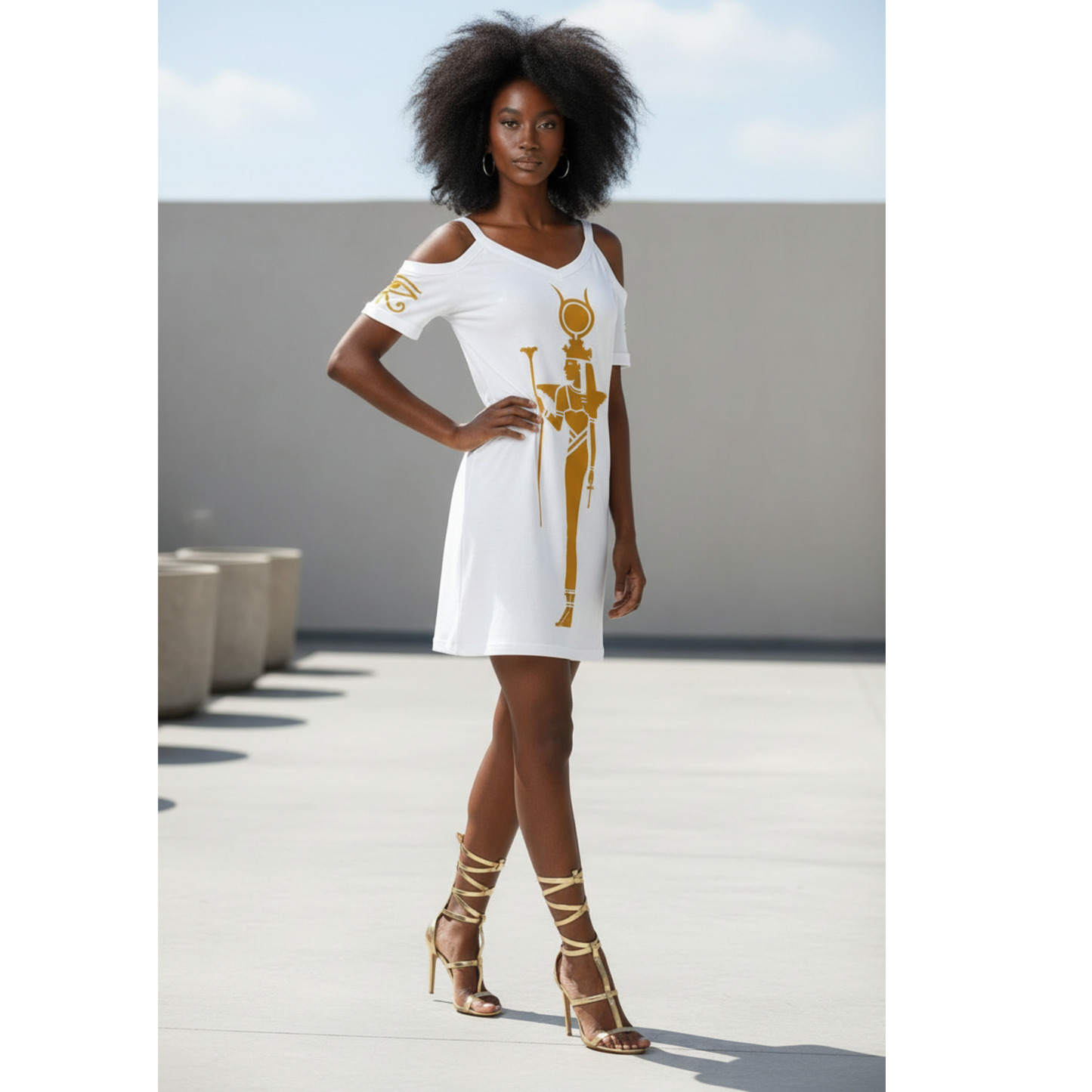 Isis Cold Shoulder Dress | Gold Print | Kemet Series | Kinky Nomad