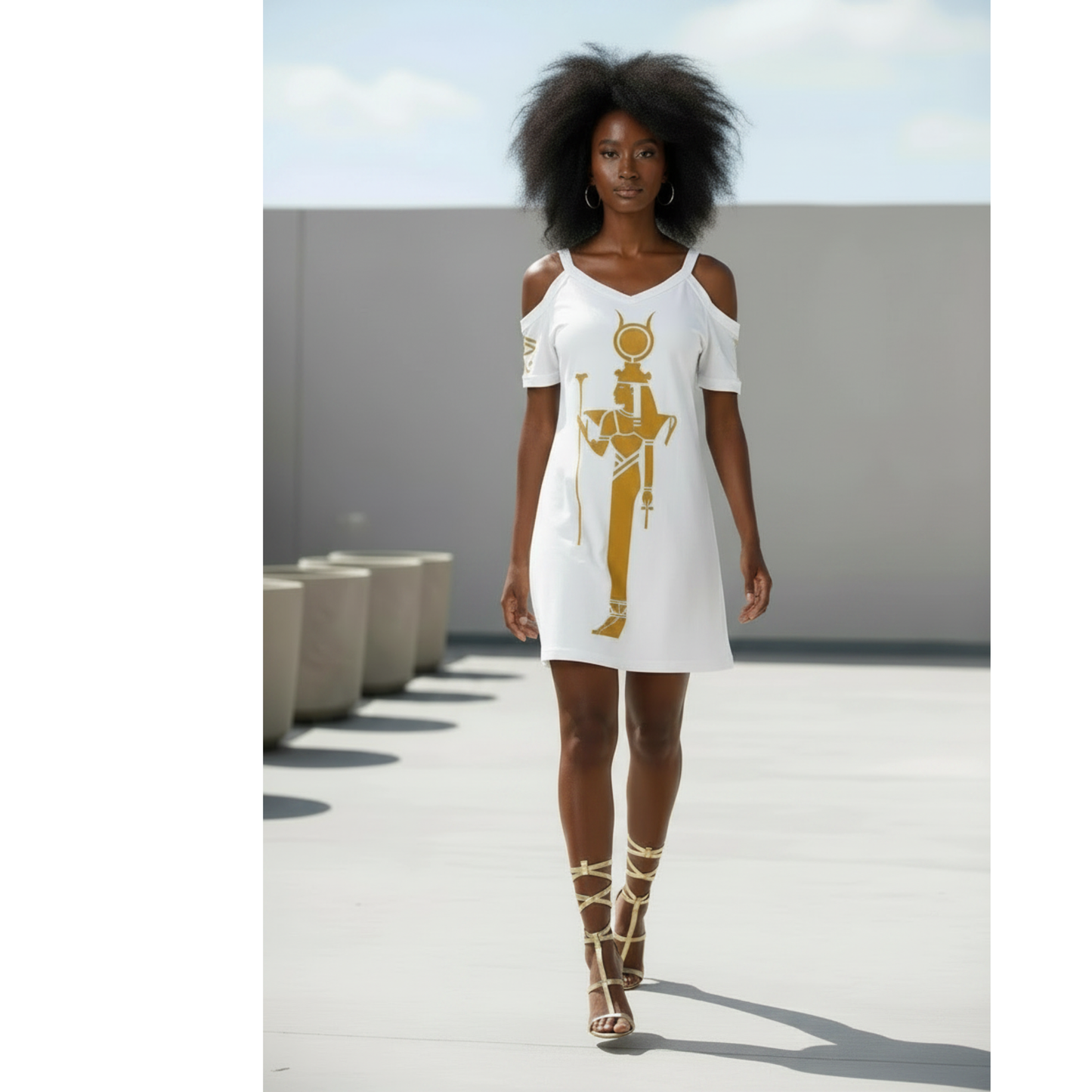 Isis Cold Shoulder Dress | Gold Print | Kemet Series | Kinky Nomad