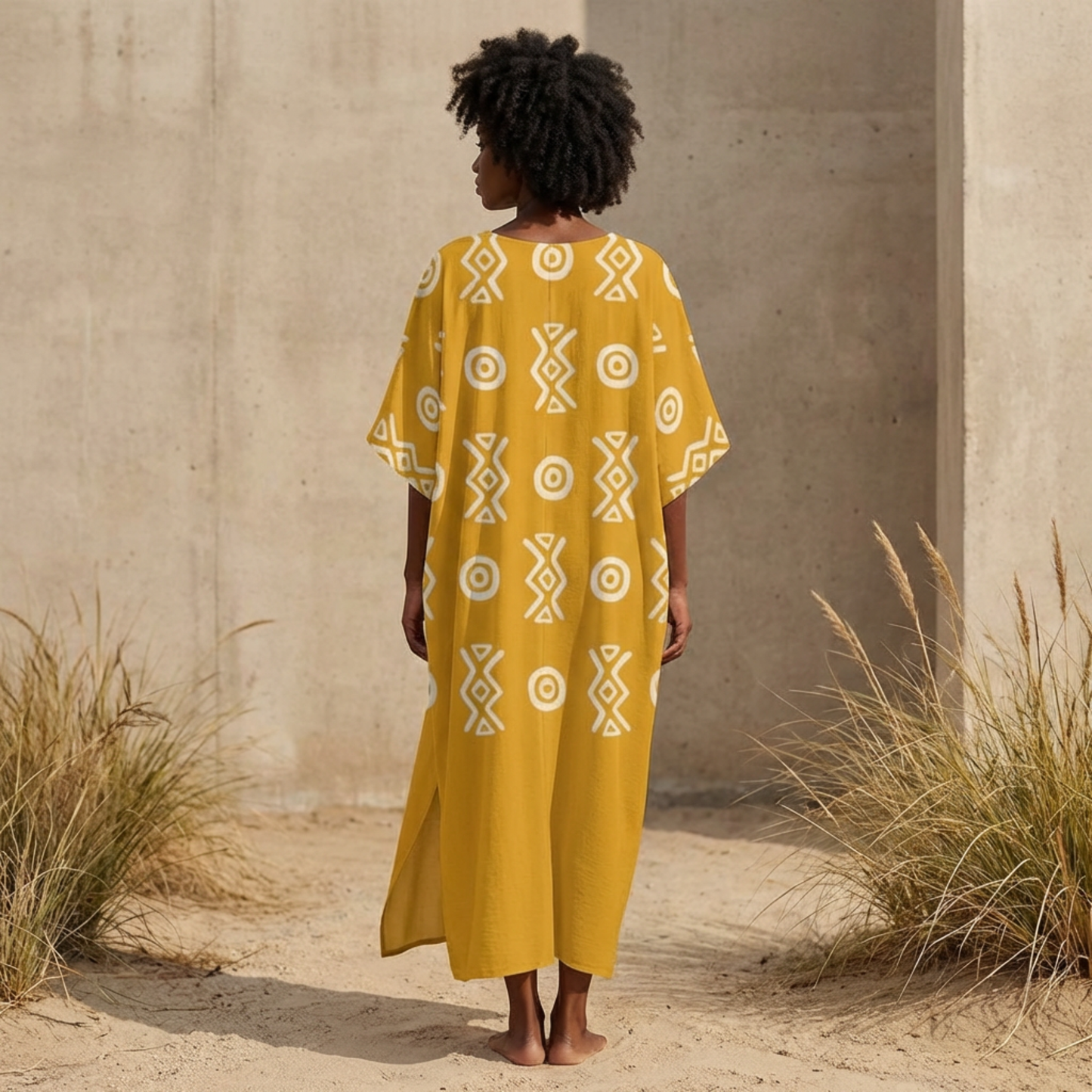Savanna Gold Kaftan Dress – V Neck Afro Print Maxi Dress with Pockets | Kinky Nomad