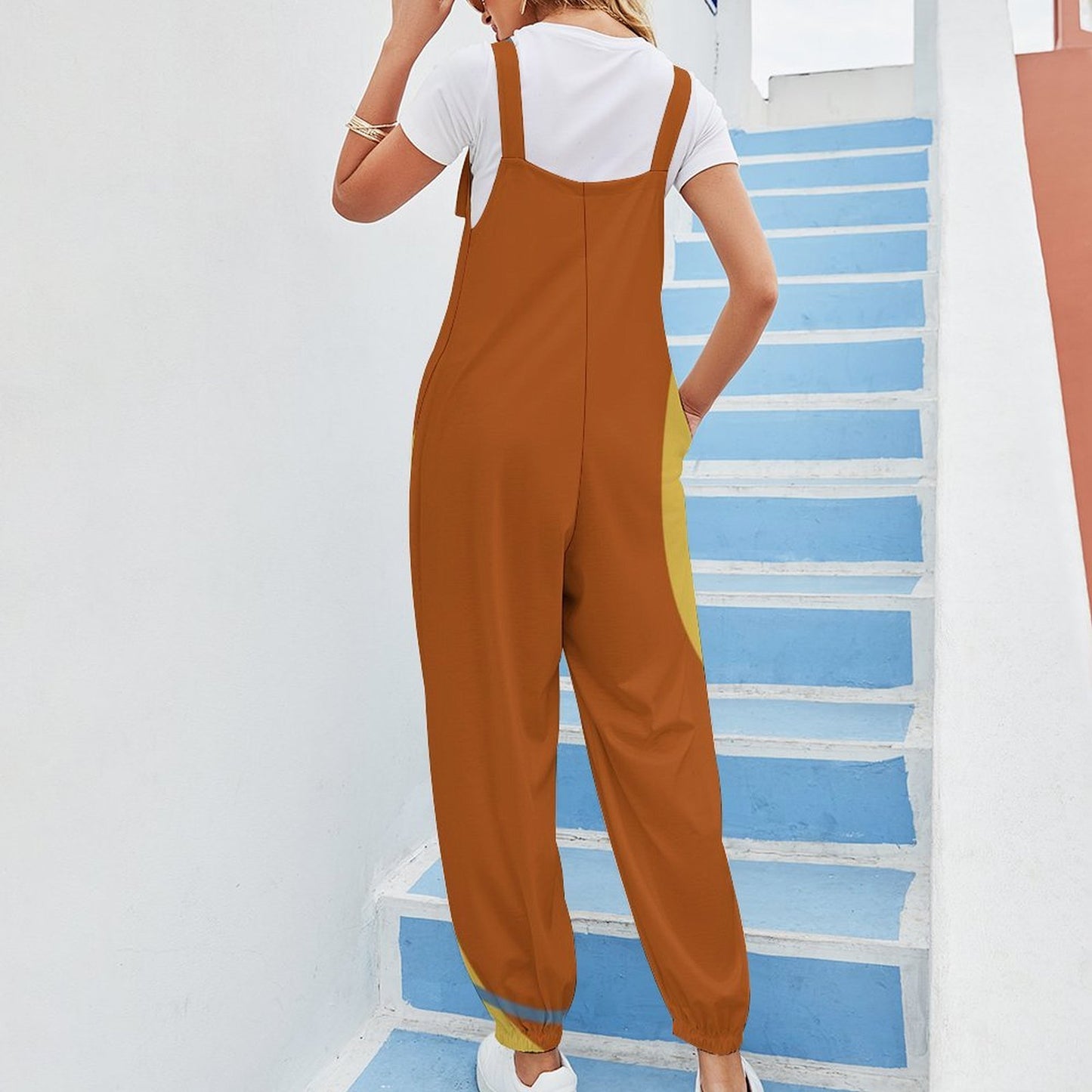 Mod Color Block Baggy Jumpsuit for Women | Retro Inspired Bow Strap Romper | Loose Fit Harem Jumpsuit with Pockets | Boho Casual Overalls
