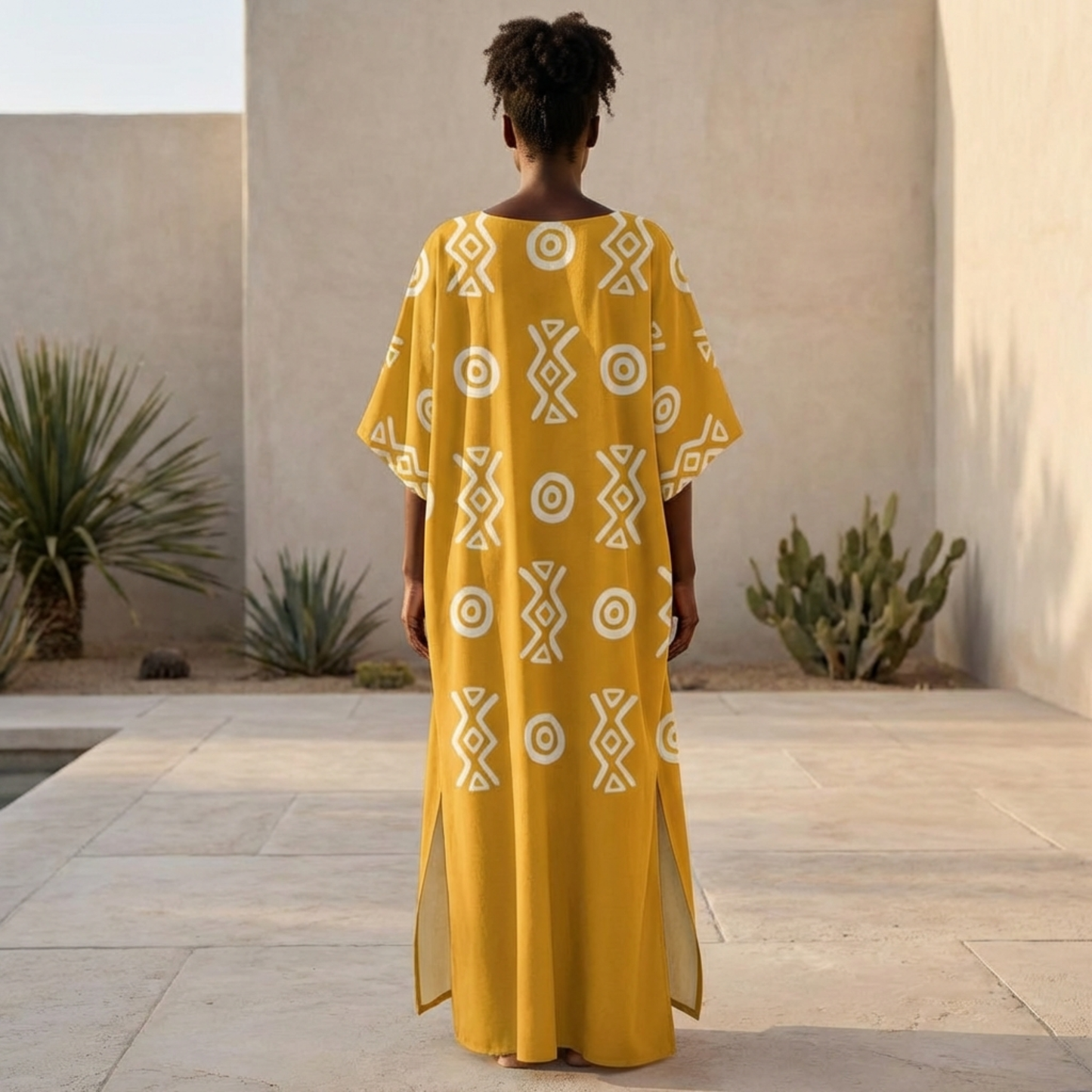 Savanna Gold Kaftan Dress – V Neck Afro Print Maxi Dress with Pockets | Kinky Nomad