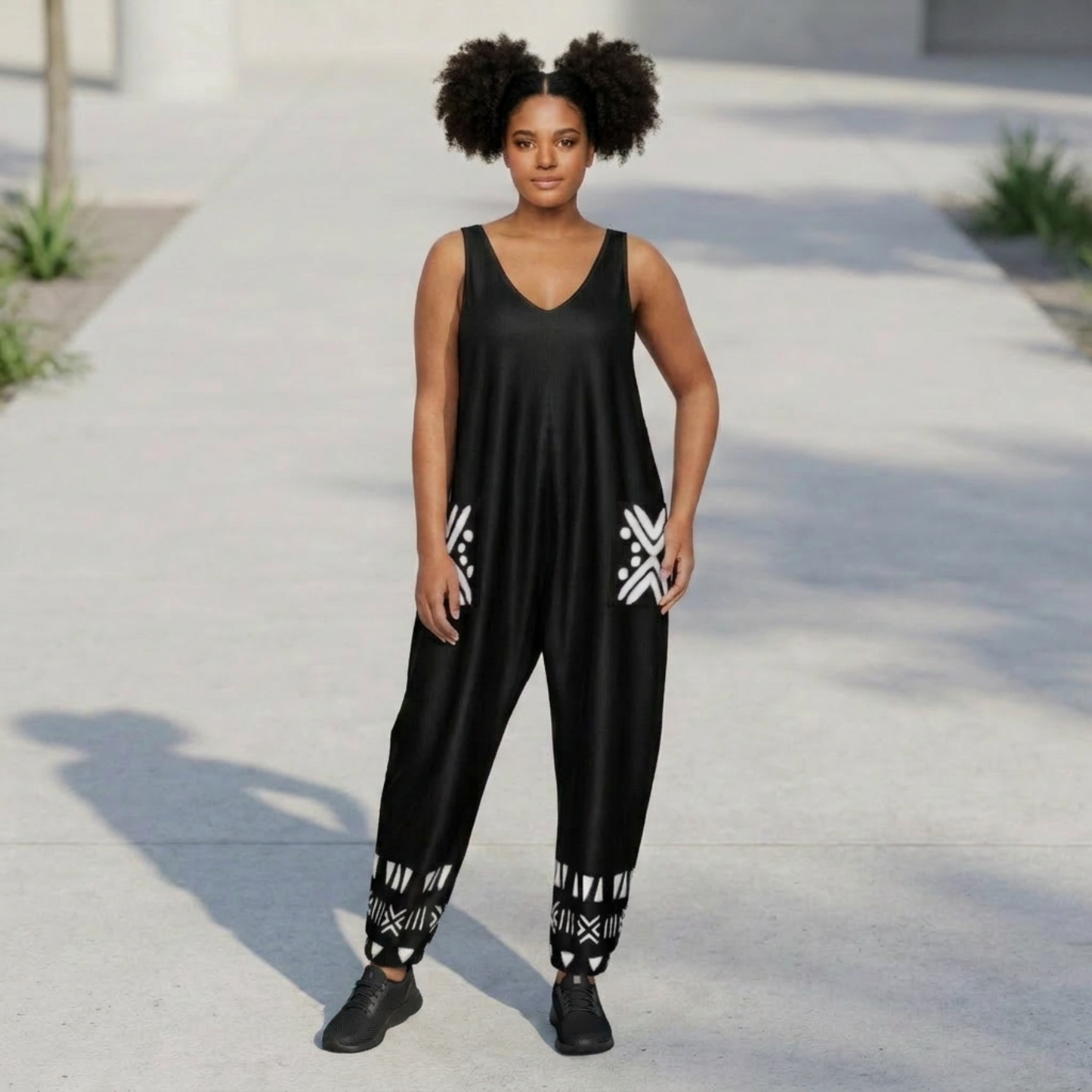 Bogolan Print V-Neck Jumpsuit | Afro Boho | Mud Cloth | Kinky Nomad