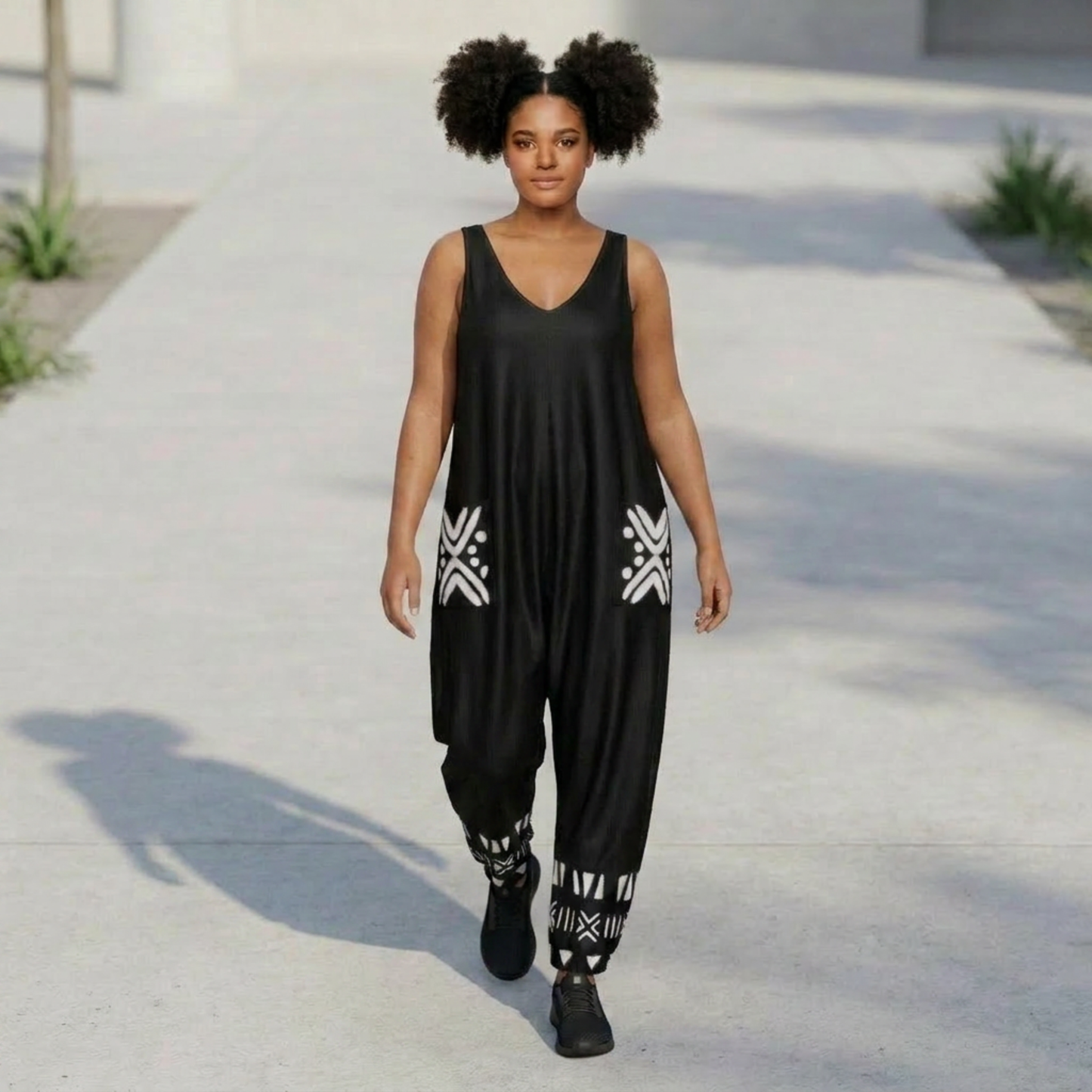 Bogolan Print V-Neck Jumpsuit | Afro Boho | Mud Cloth | Kinky Nomad