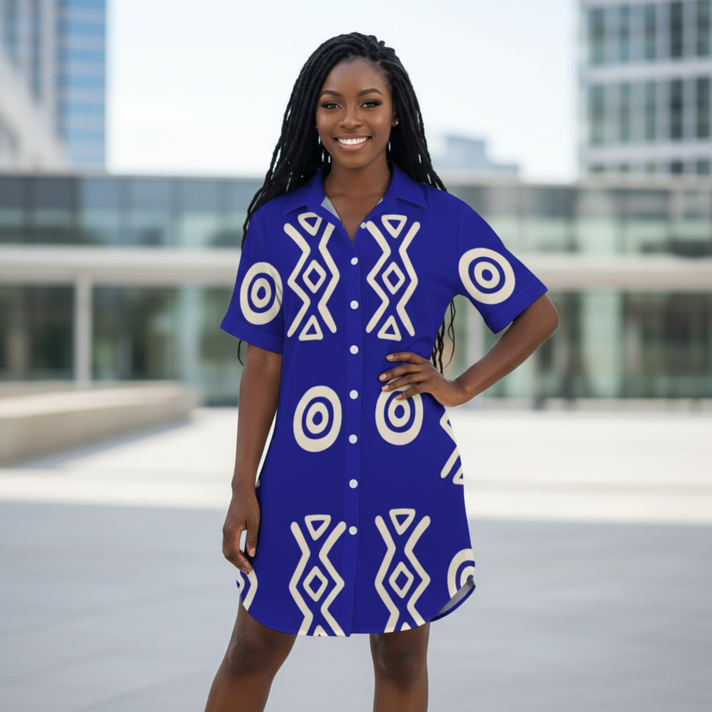 Button Front Shirt Dress | Angles Savanna Indigo Gold | Kinky Nomad