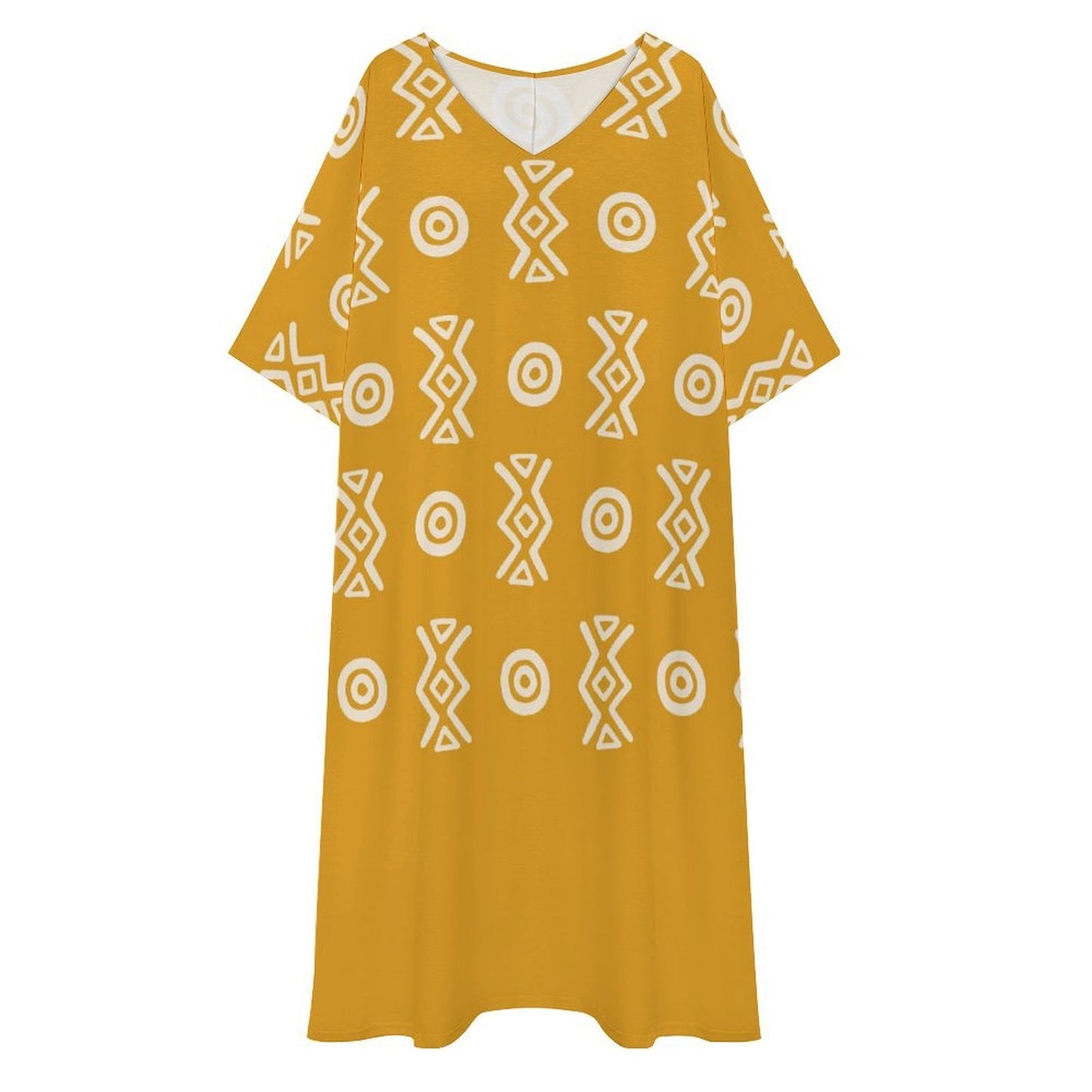 Savanna Gold Kaftan Dress – V Neck Afro Print Maxi Dress with Pockets | Kinky Nomad
