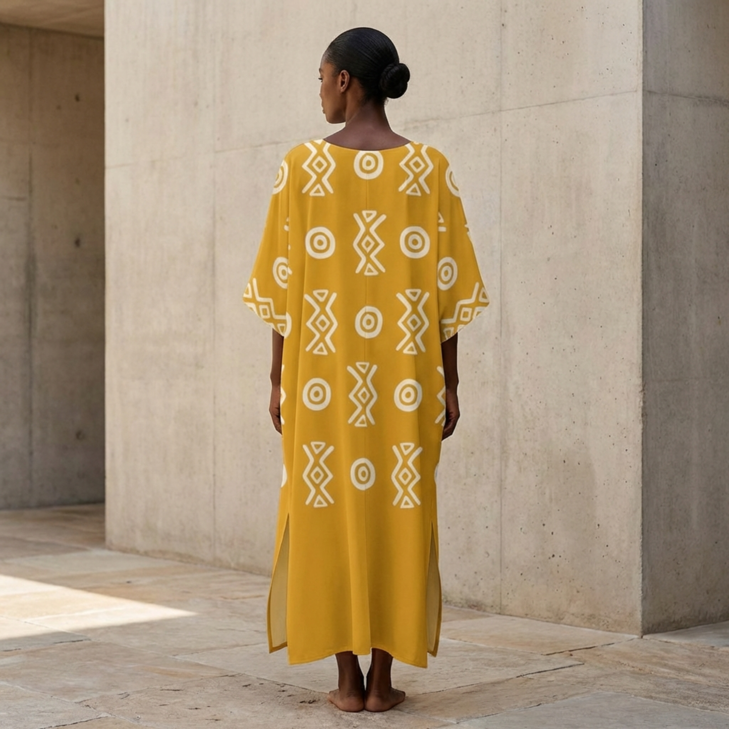Savanna Gold Kaftan Dress – V Neck Afro Print Maxi Dress with Pockets | Kinky Nomad