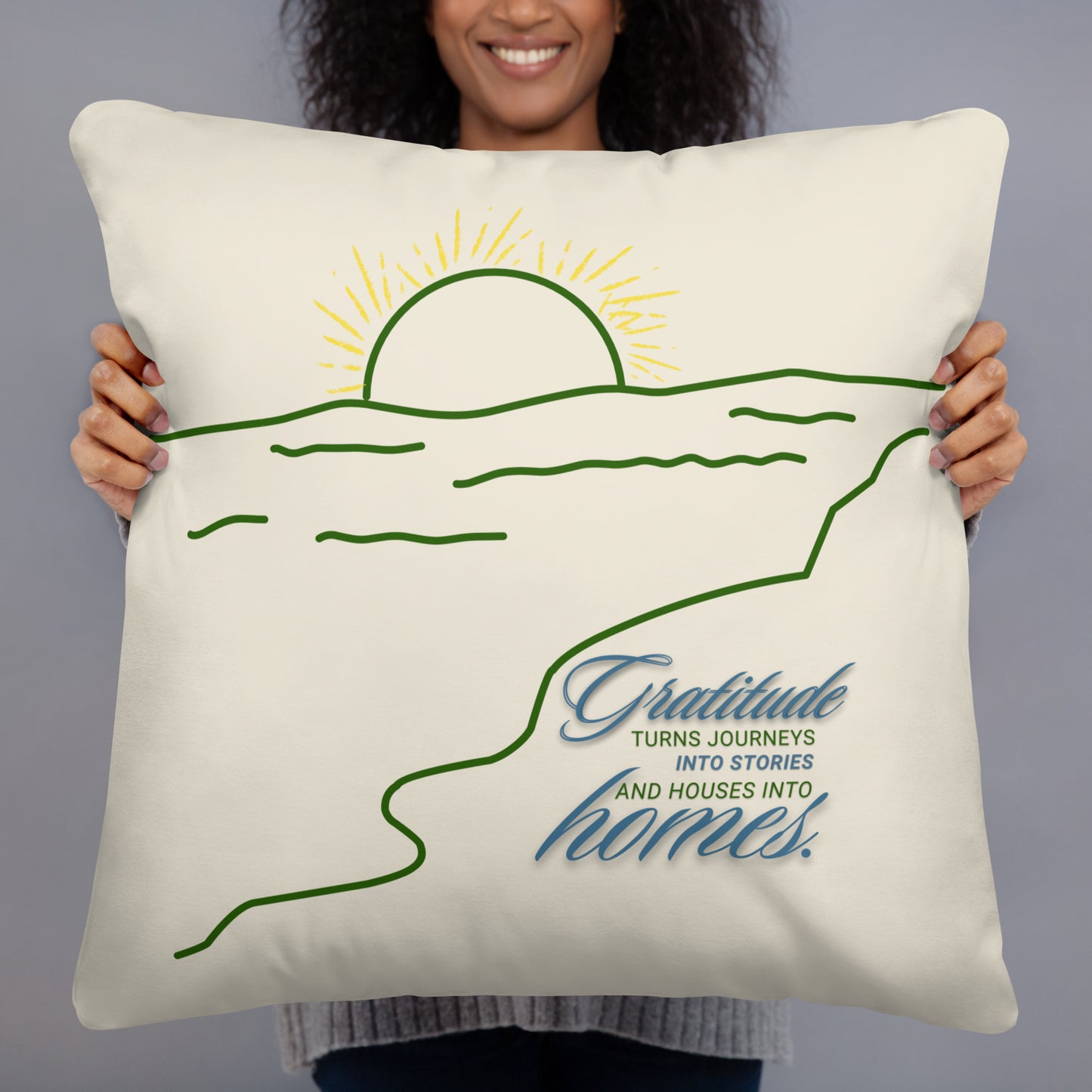 Gratitude Throw Pillow | Inspirational Quote Decorative Cushion with Sunset & Nature Design