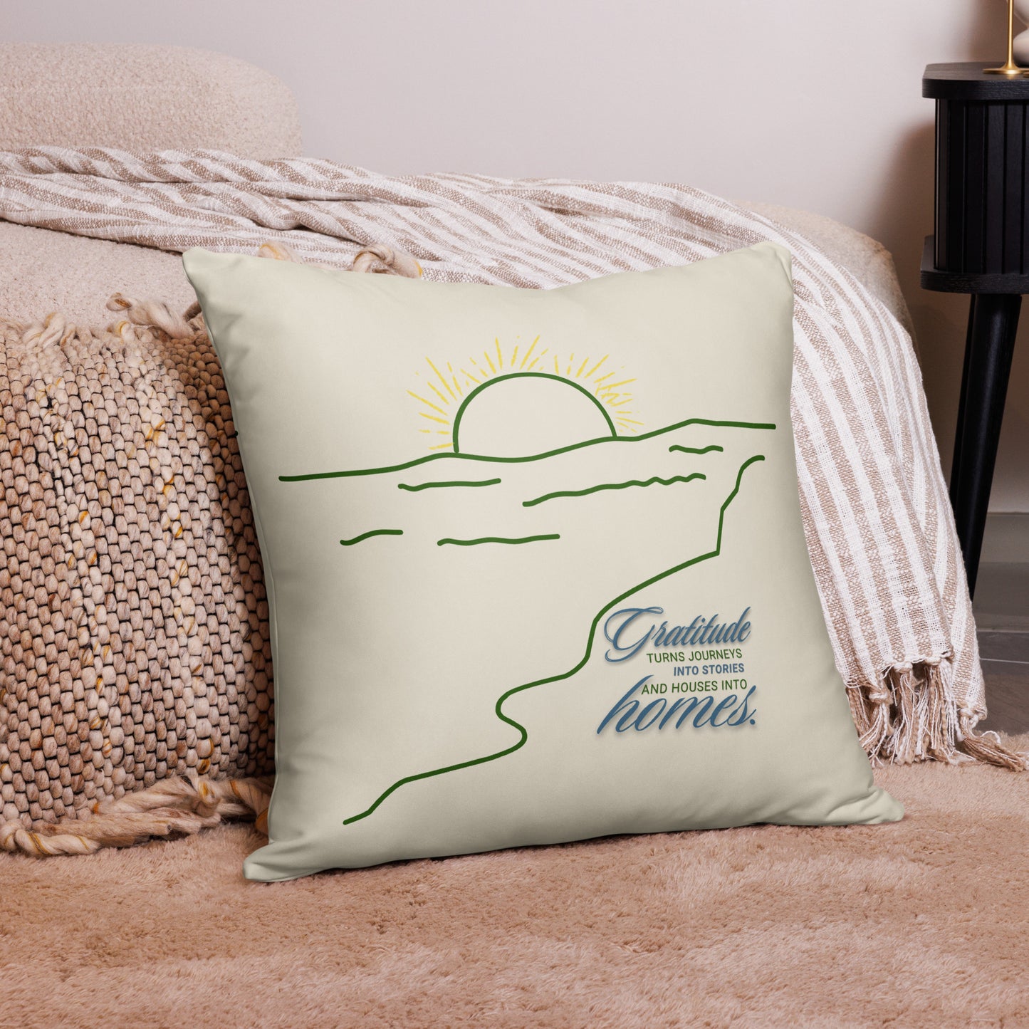 Gratitude Throw Pillow | Inspirational Quote Decorative Cushion with Sunset & Nature Design