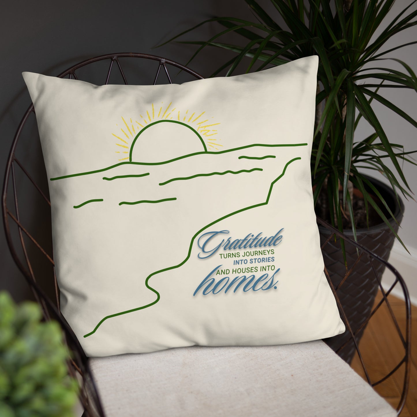 Gratitude Throw Pillow | Inspirational Quote Decorative Cushion with Sunset & Nature Design