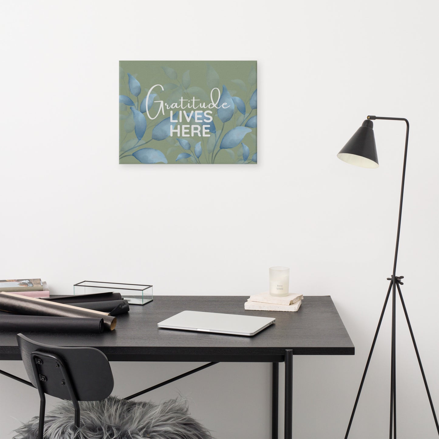 Gratitude Lives Here Canvas Wall Art – Inspirational Quote Print | Modern Botanical Home Decor | 4 Sizes