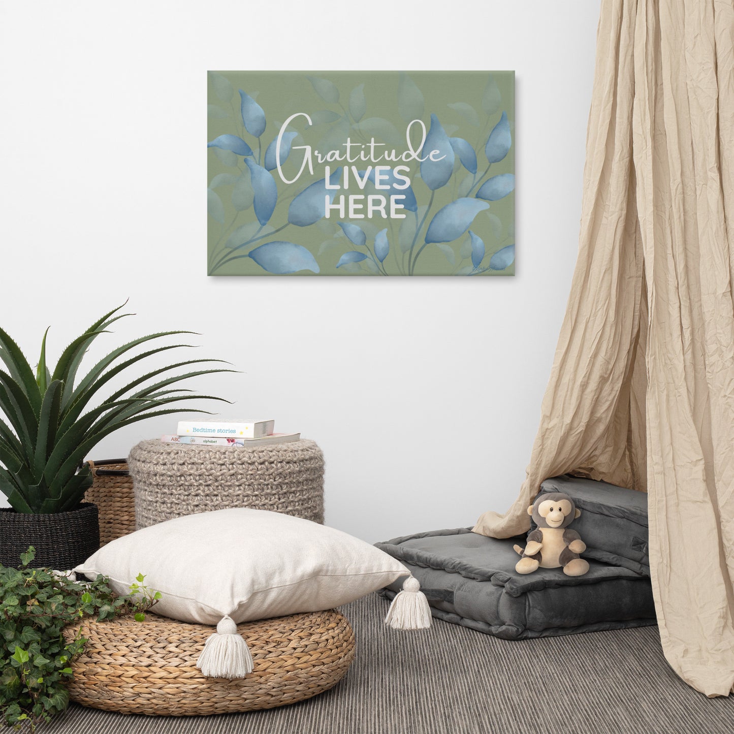 Gratitude Lives Here Canvas Wall Art – Inspirational Quote Print | Modern Botanical Home Decor | 4 Sizes