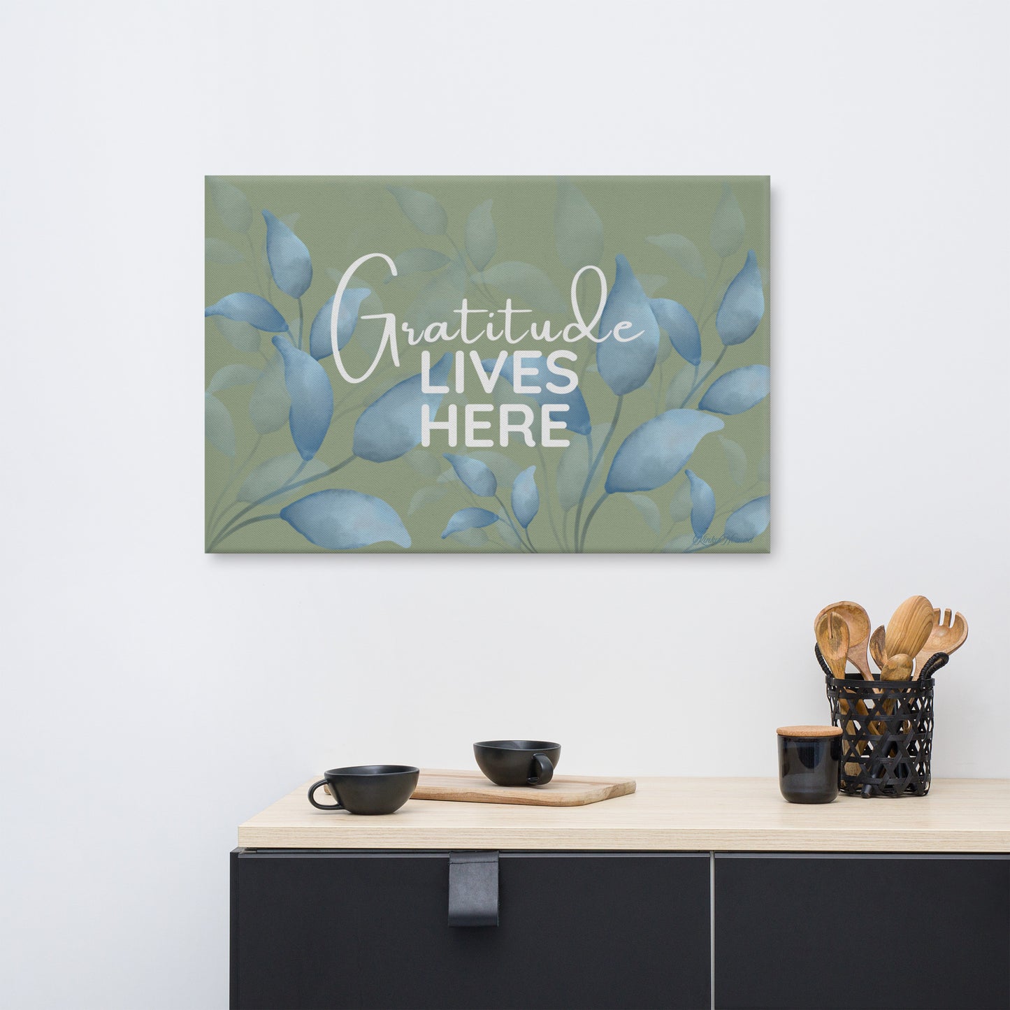 Gratitude Lives Here Canvas Wall Art – Inspirational Quote Print | Modern Botanical Home Decor | 4 Sizes