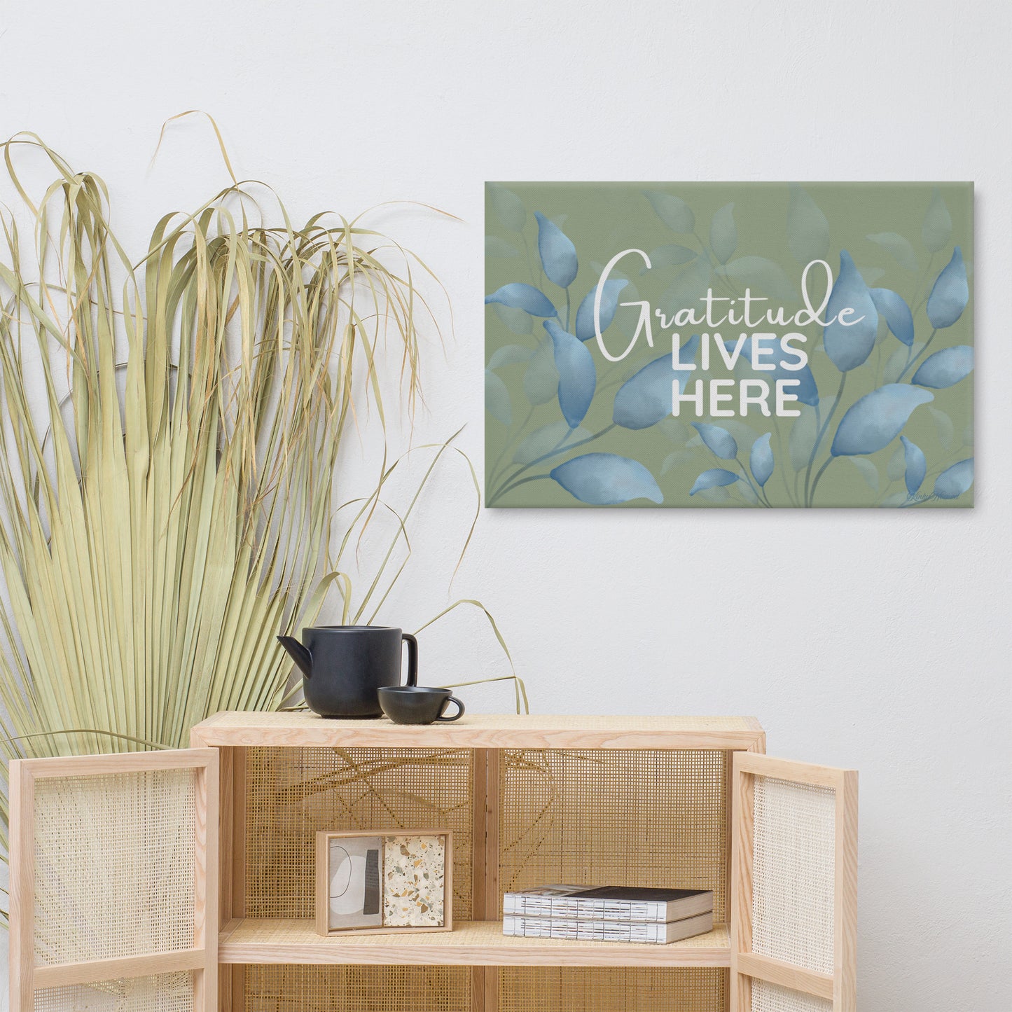 Gratitude Lives Here Canvas Wall Art – Inspirational Quote Print | Modern Botanical Home Decor | 4 Sizes