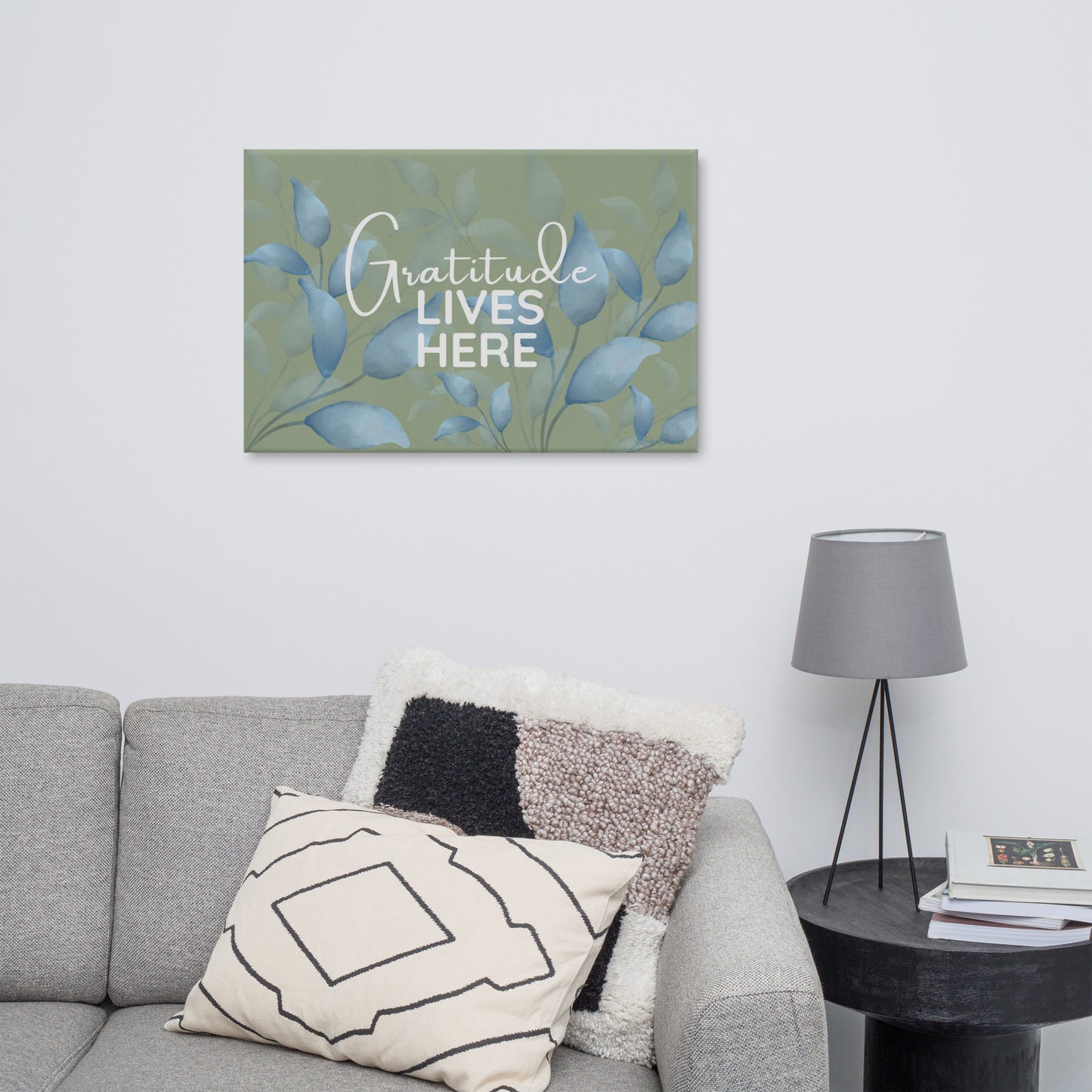 Gratitude Lives Here Canvas Wall Art – Inspirational Quote Print | Modern Botanical Home Decor | 4 Sizes