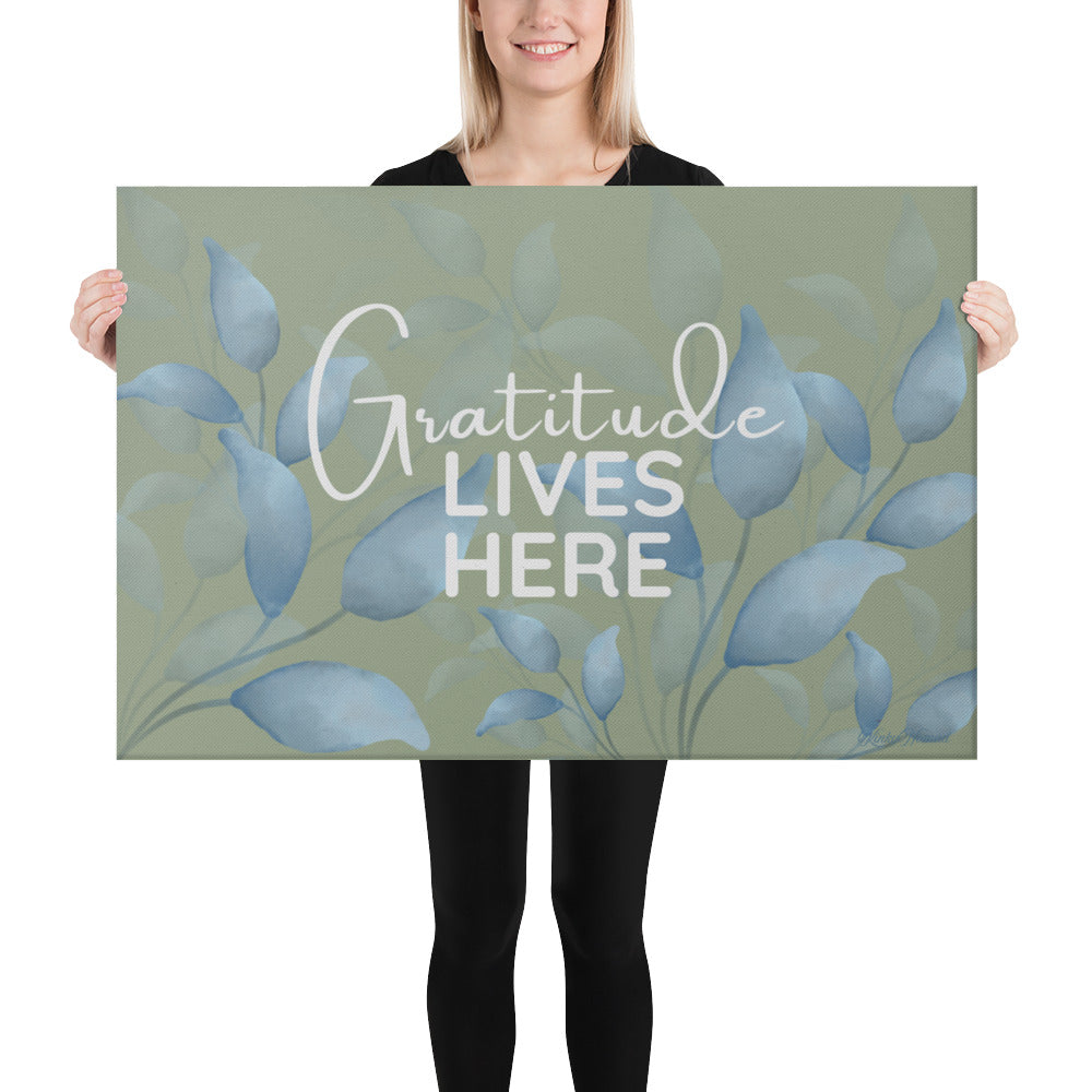 Gratitude Lives Here Canvas Wall Art – Inspirational Quote Print | Modern Botanical Home Decor | 4 Sizes